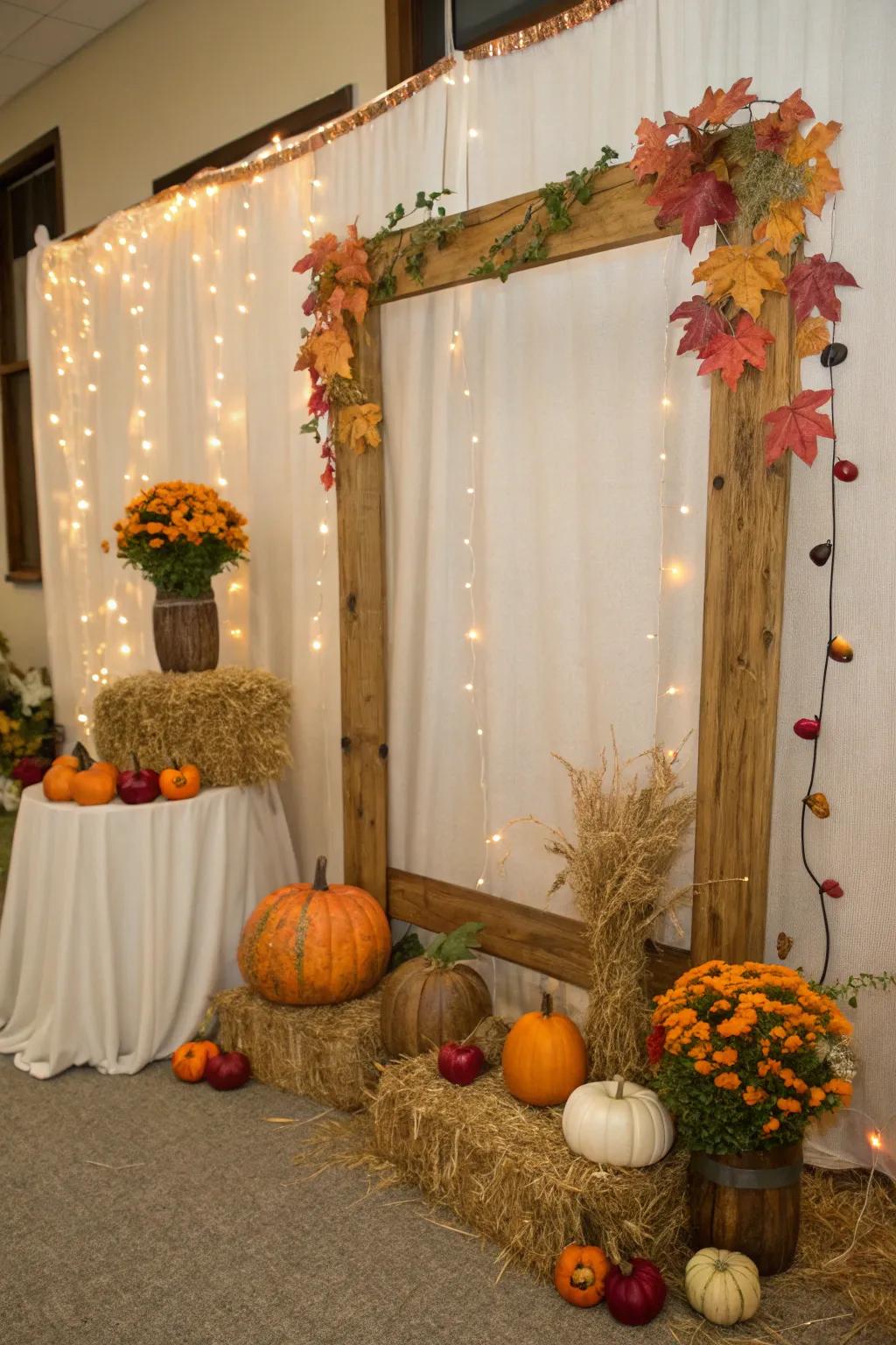 A festive photo booth backdrop featuring gourds.