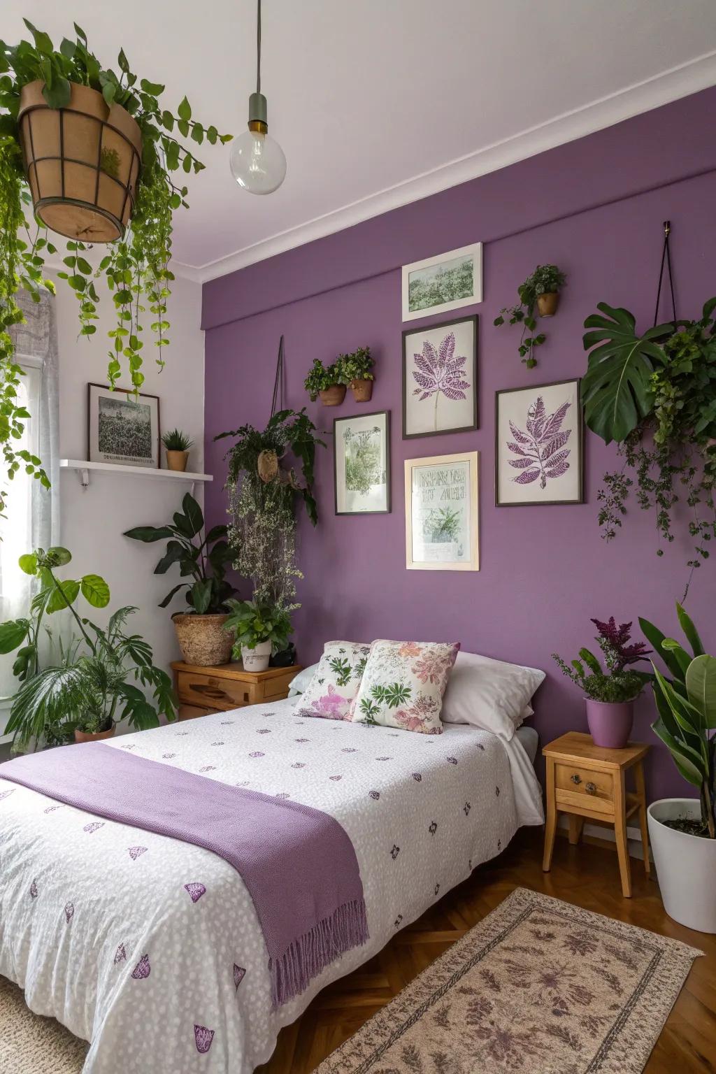 Flora accents improving a purple-themed bedroom.