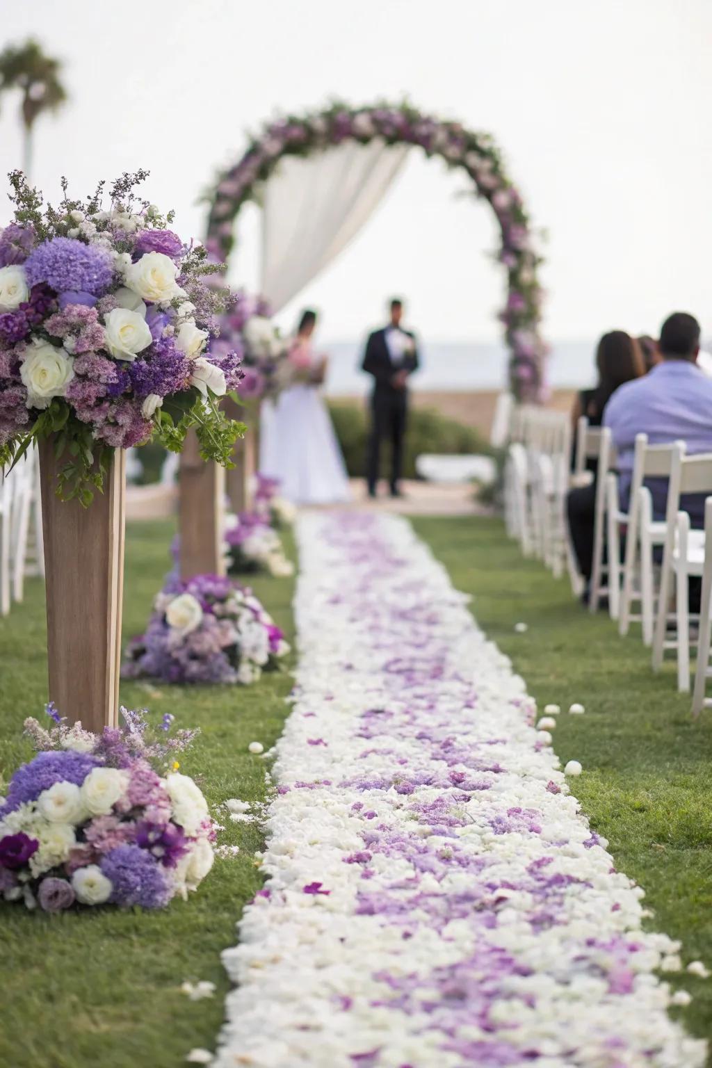 A floral pathway creates a stunning route for the wedding procession.