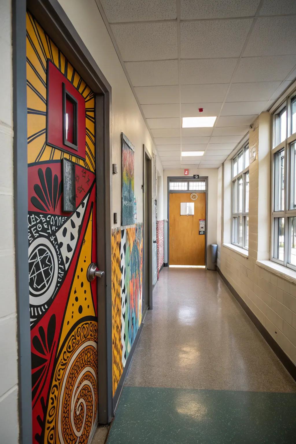 Make a statement with vibrant, graphic door decorations.