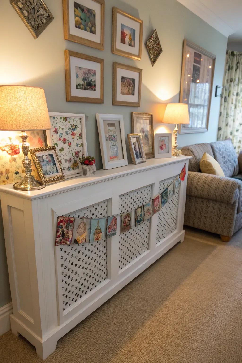 Artistic creations and photos customize a radiator enclosure, enriching the character of the room.