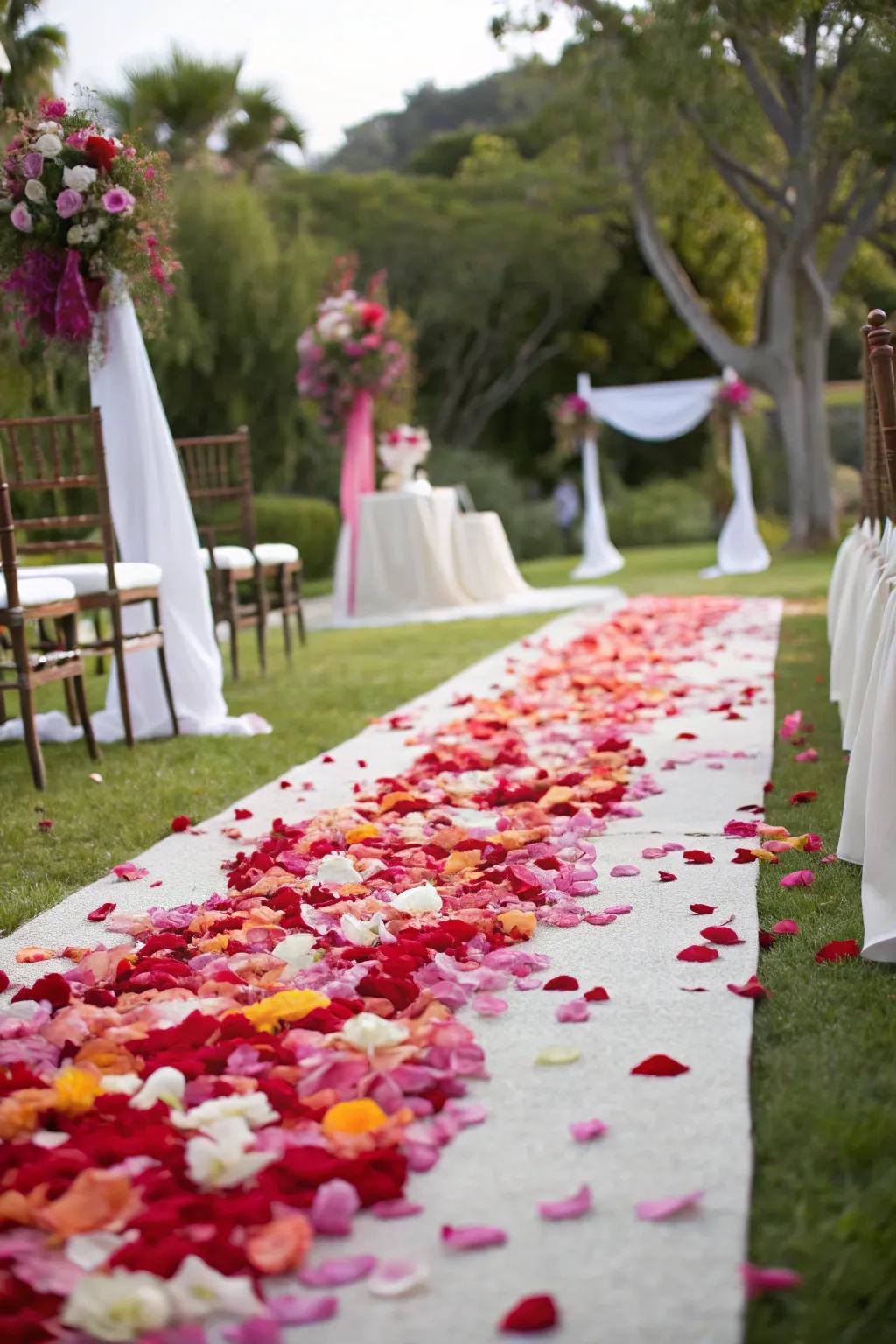 A wedding aisle, sprinkled with petals of every color, creates a path of dreams and joy.