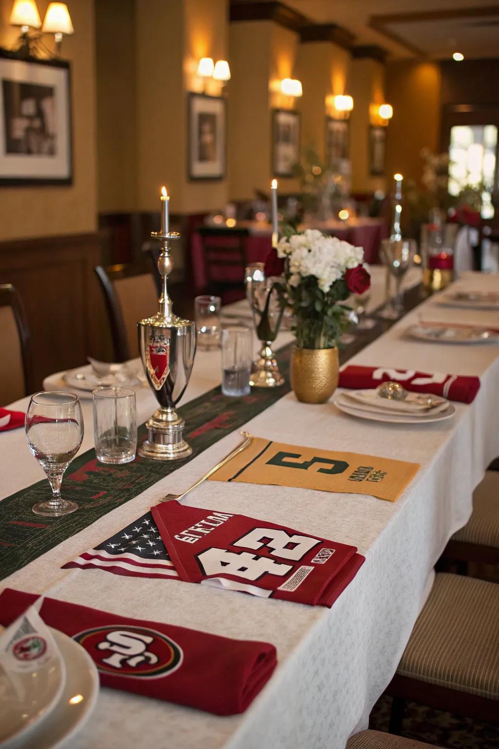 A rally towel table runner introduces festive charm.