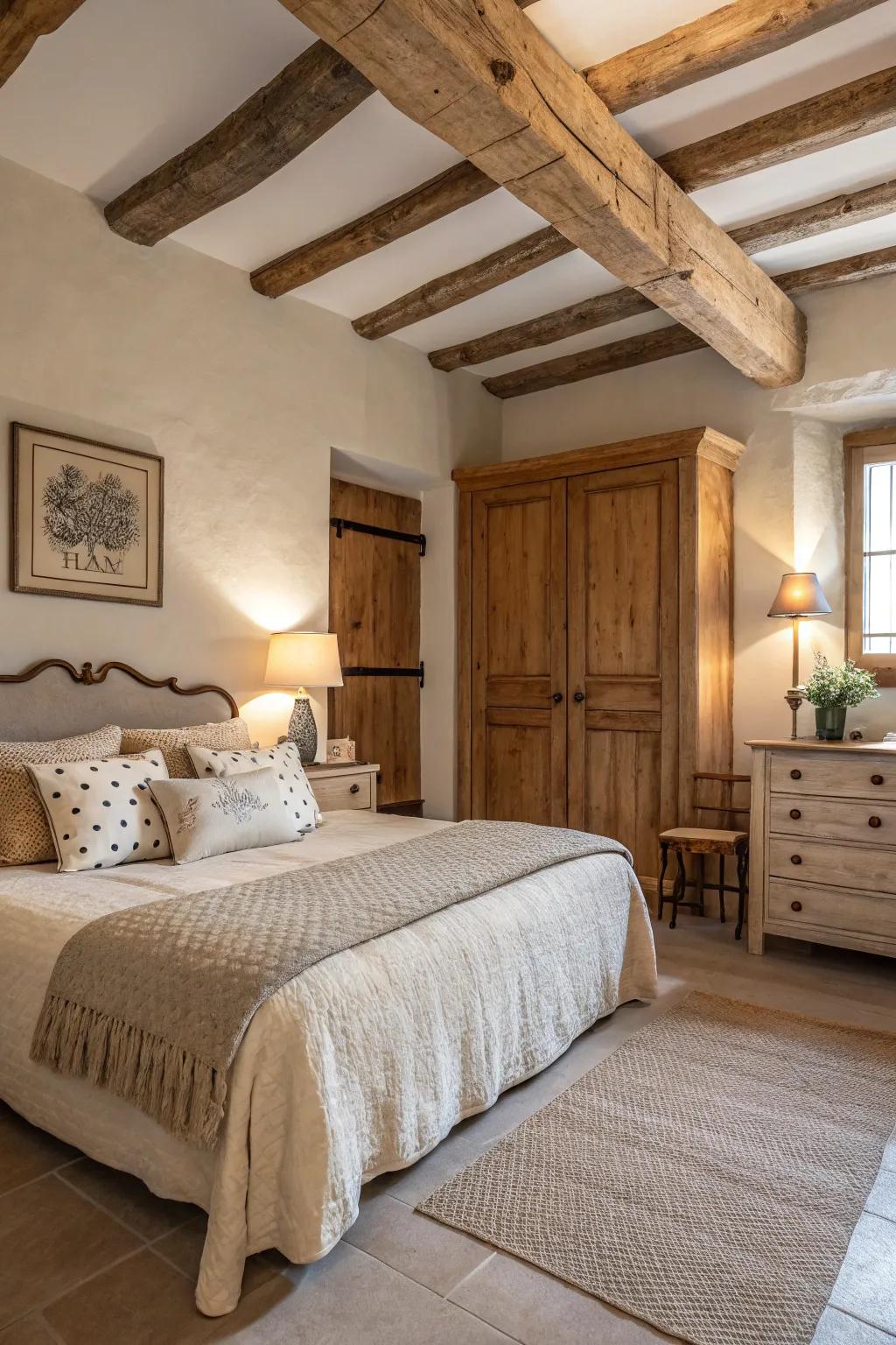 A bedroom showcasing subdued gentle bed linens and countryside design accents.