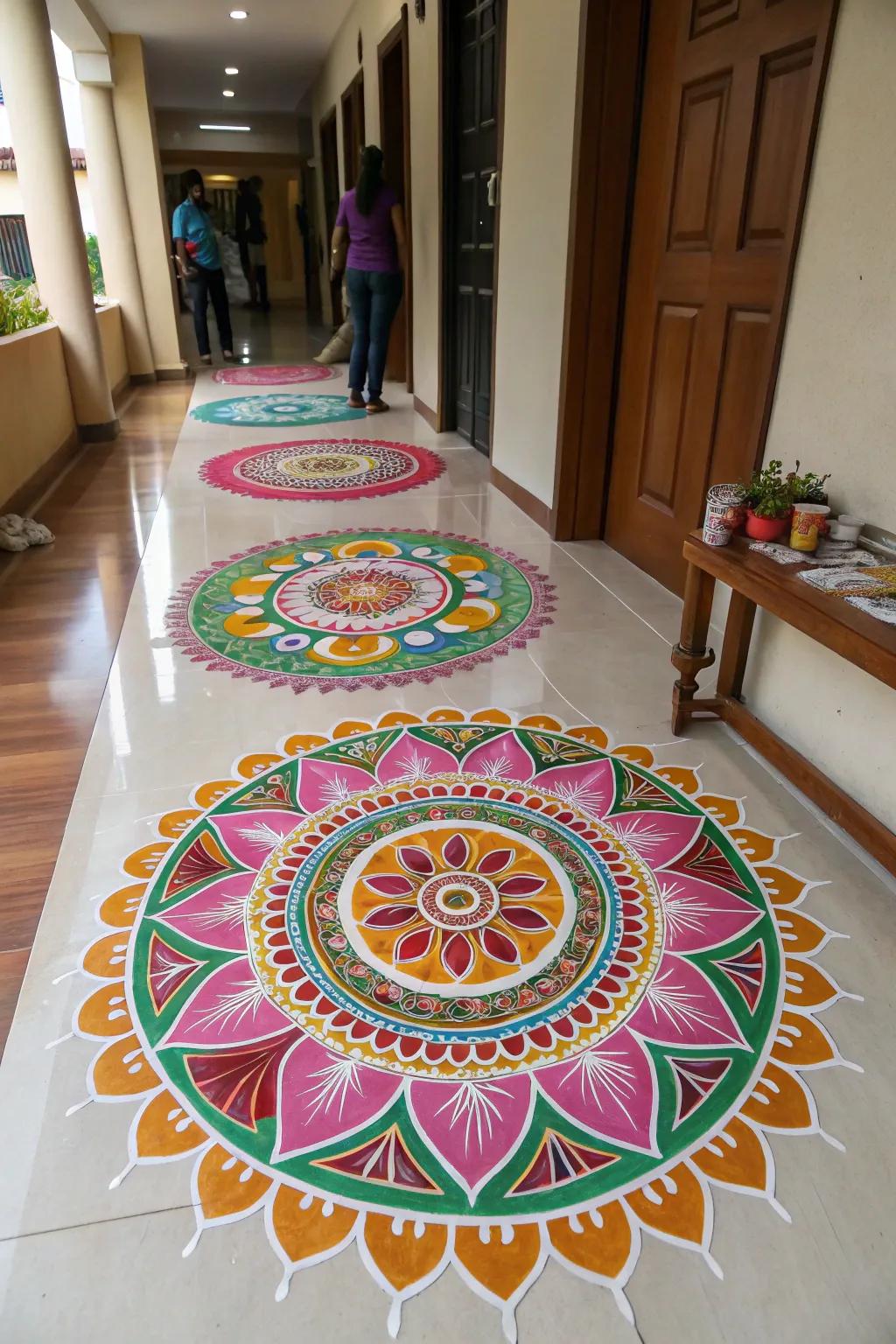 Tiered designs create a 3D impression, contributing dimension to this floor art masterpiece.