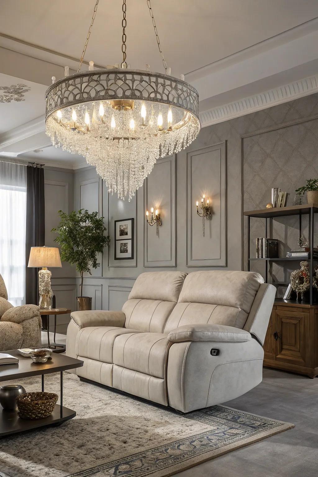 A living area enhanced by a statement lighting fixture above the reclining sofa.