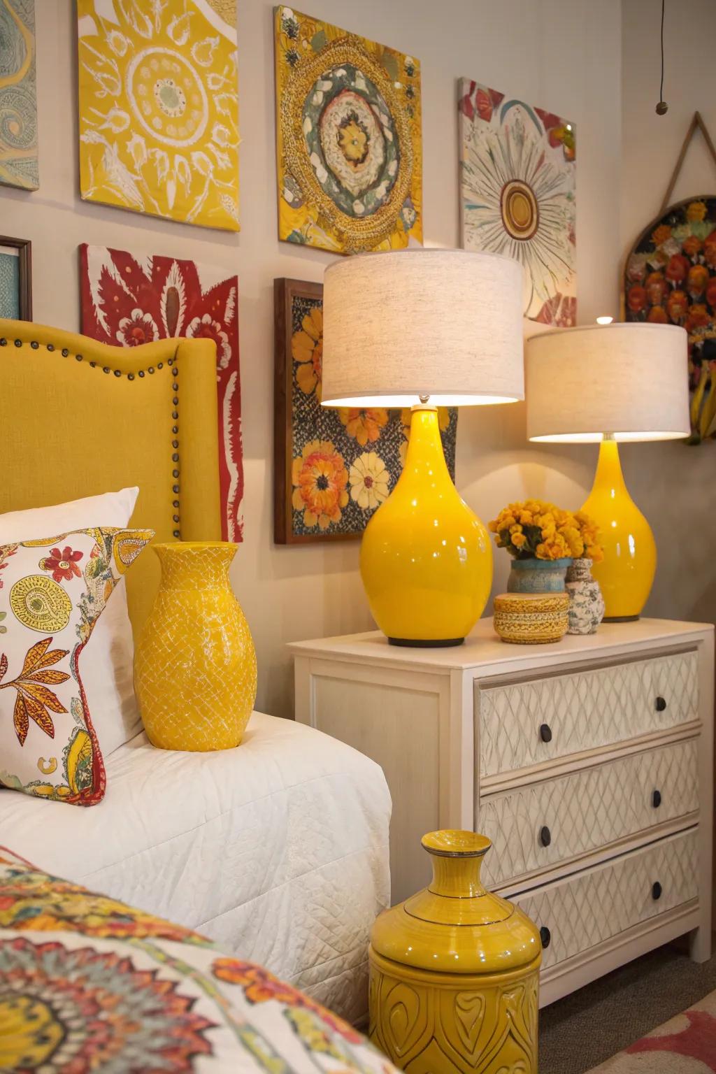 Yellow accent items like vases and lamps integrate dynamism and vibrancy into the bedroom.