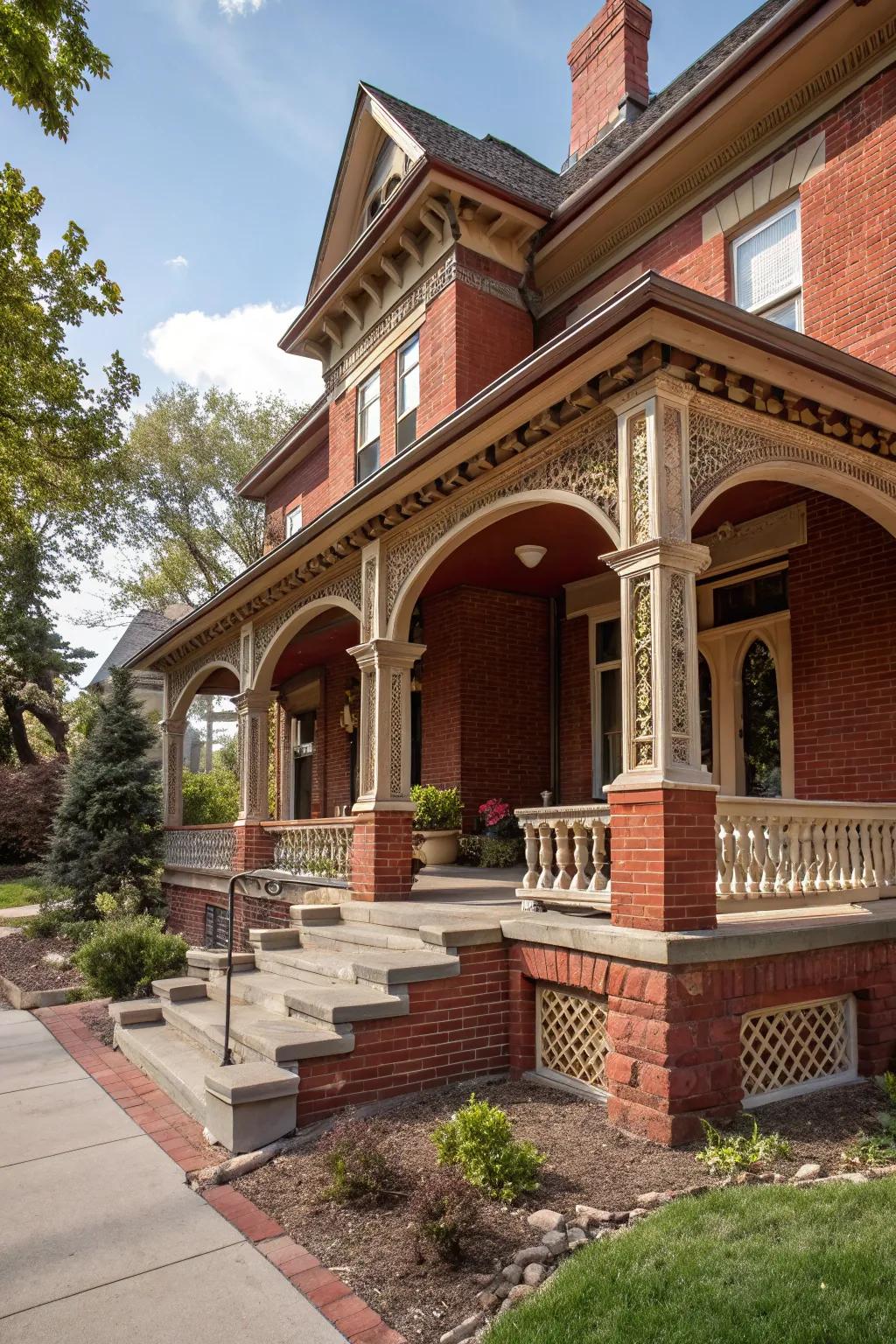 Architectural archways add elegance and sophistication to a red brick porch.