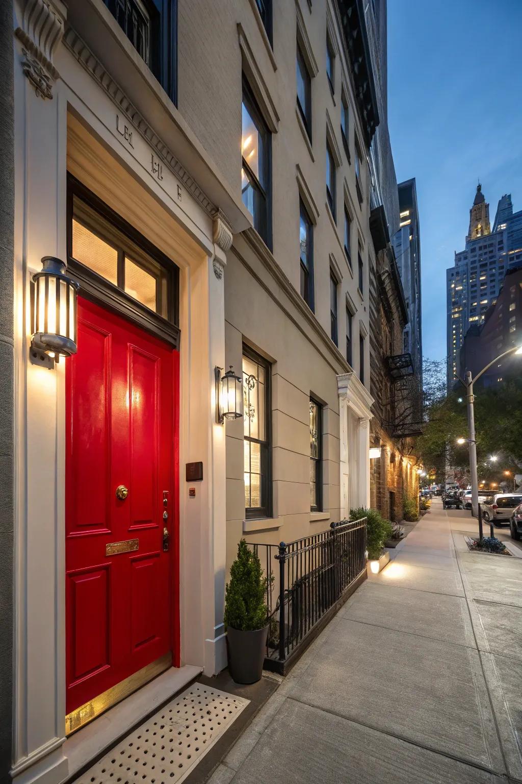 Urban townhouse featuring a refined crimson door, embodying sophistication.