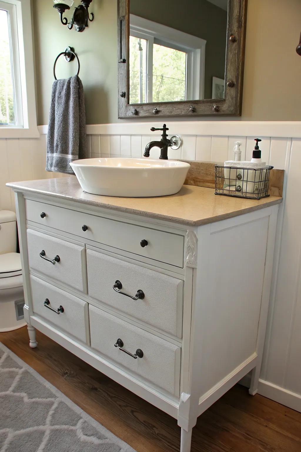 A repurposed dresser vanity adds charm and functionality.