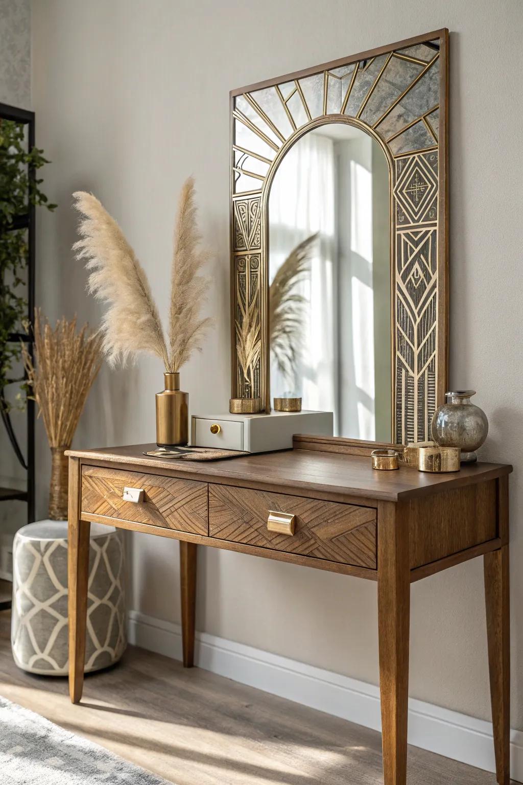 Step into the roaring twenties with this elegantly refurbished art deco makeup vanity, where simplicity meets luxury.