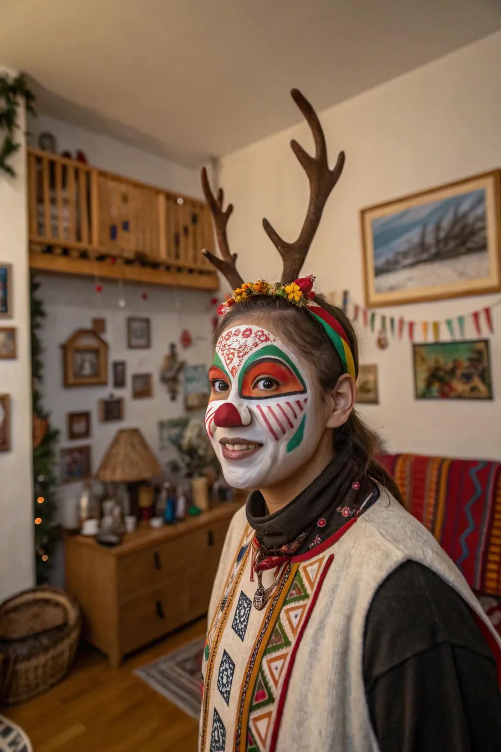 Cross-cultural designs tailor the reindeer face artistry uniquely.