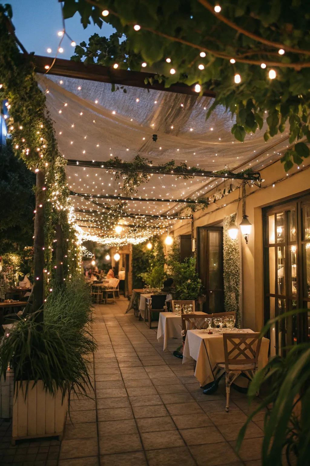 A fairy light drape transmutes patios into spellbinding expanses.