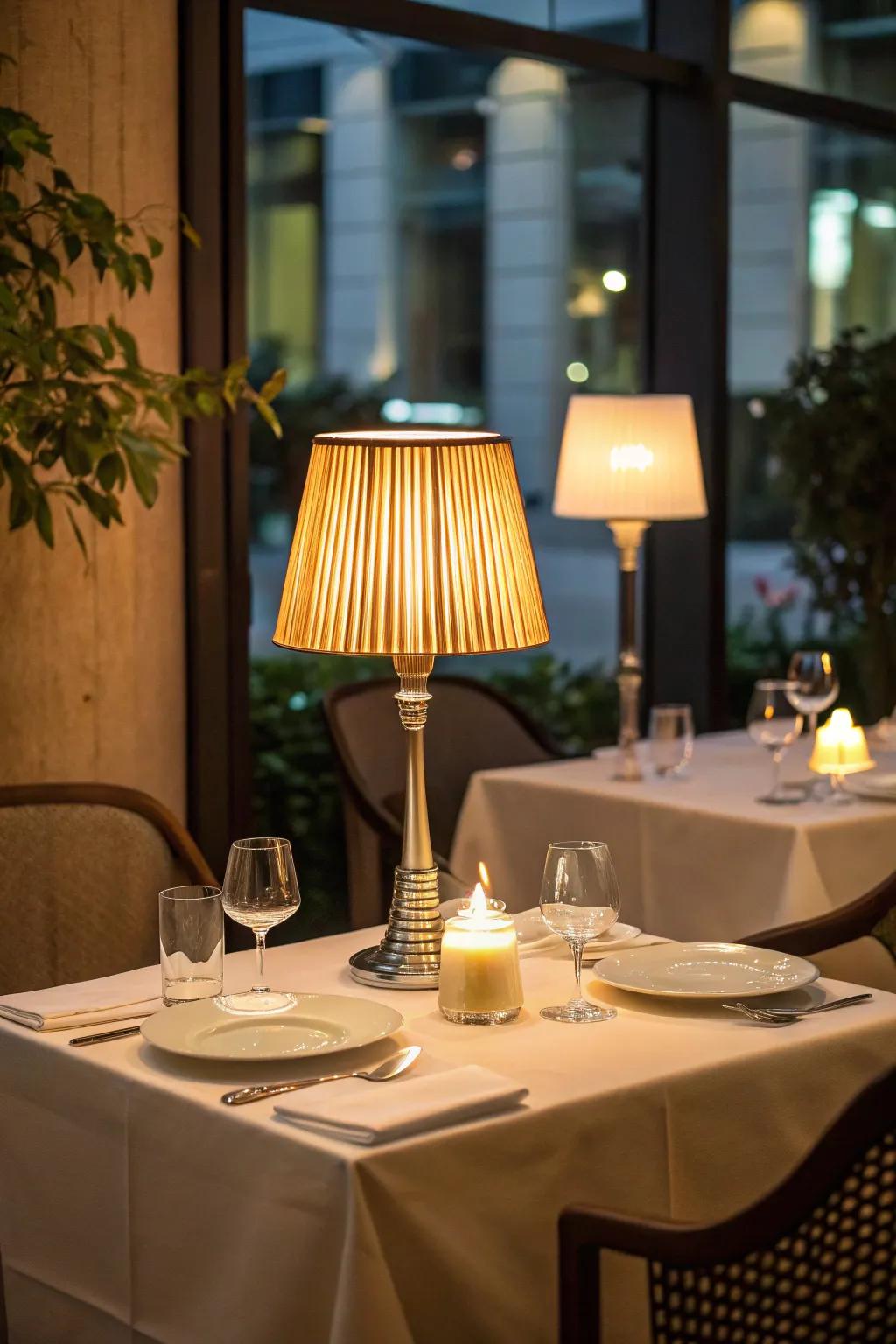 An LED table lamp mimicking candlelight illuminates an intimate restaurant table setting.