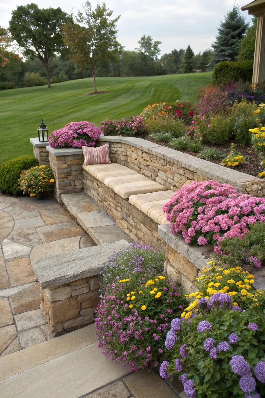 Supporting structure with integrated seating, providing a cozy spot amidst the garden.