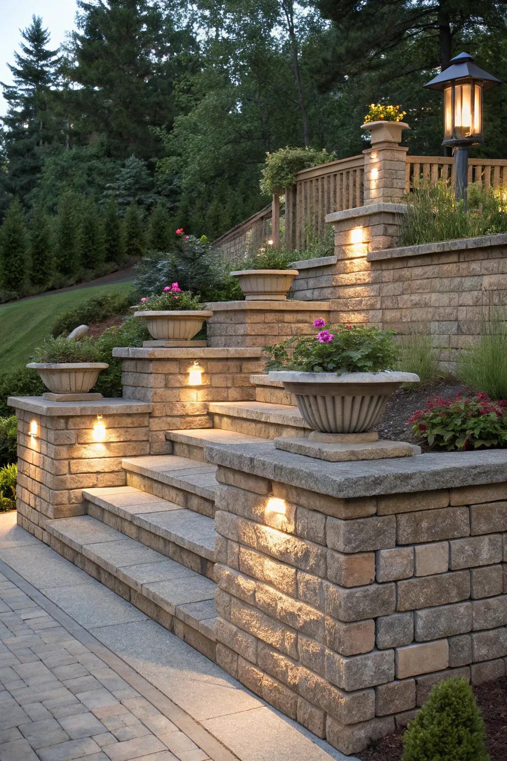 Tiered caps give retaining walls dynamic layers.
