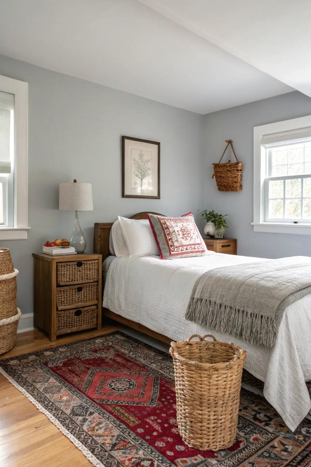 Woven elements add texture and warmth to a Gentle Gray bedroom.