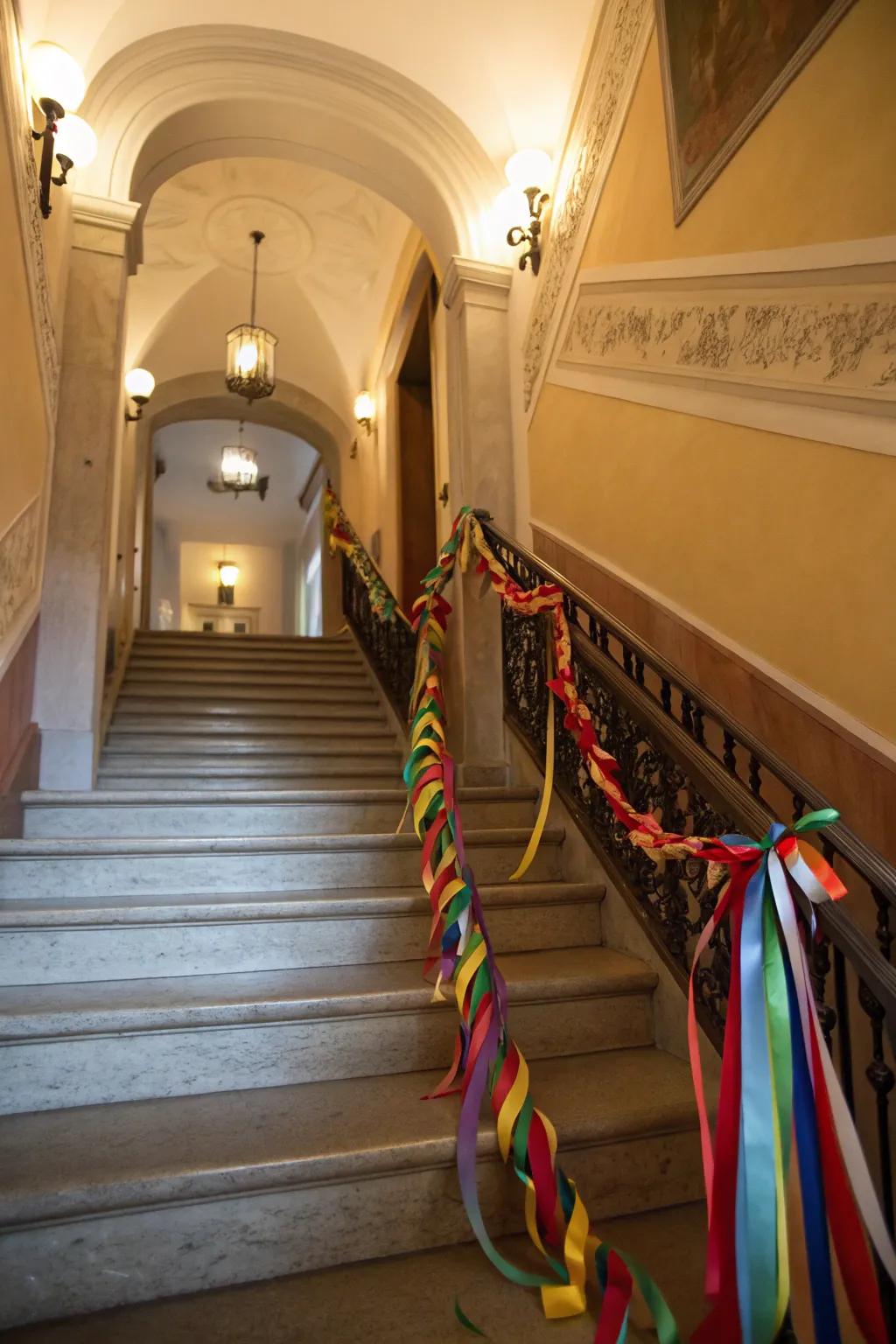 Embellish your stairs with an enchanting <strong>ribbon</strong> garland.” loading=”lazy” class=”pimg”>
	</picture><figcaption>Embellish your stairs with an enchanting <strong>ribbon</strong> garland.</figcaption></figure>
<p>Drape <strong>ribbons</strong> along your stair banister for a celebratory and inviting visage. Intermingling disparate patterns and hues engenders a spirited and jovial ambiance, particularly during the holidays.</p>
<h3>A few things you might like:</h3>
<ul class=