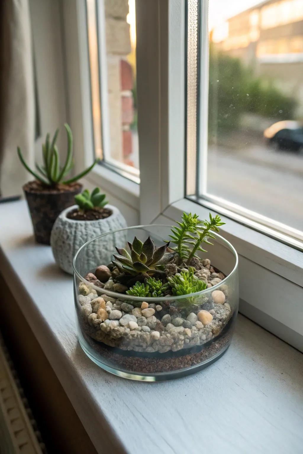 A miniature terrarium with stones and greenery
