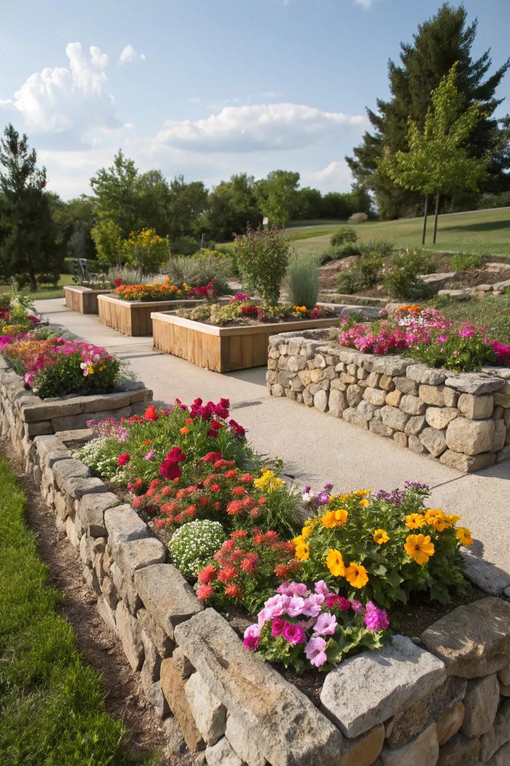 Elevated garden beds with stone walls present your flowers beautifully.