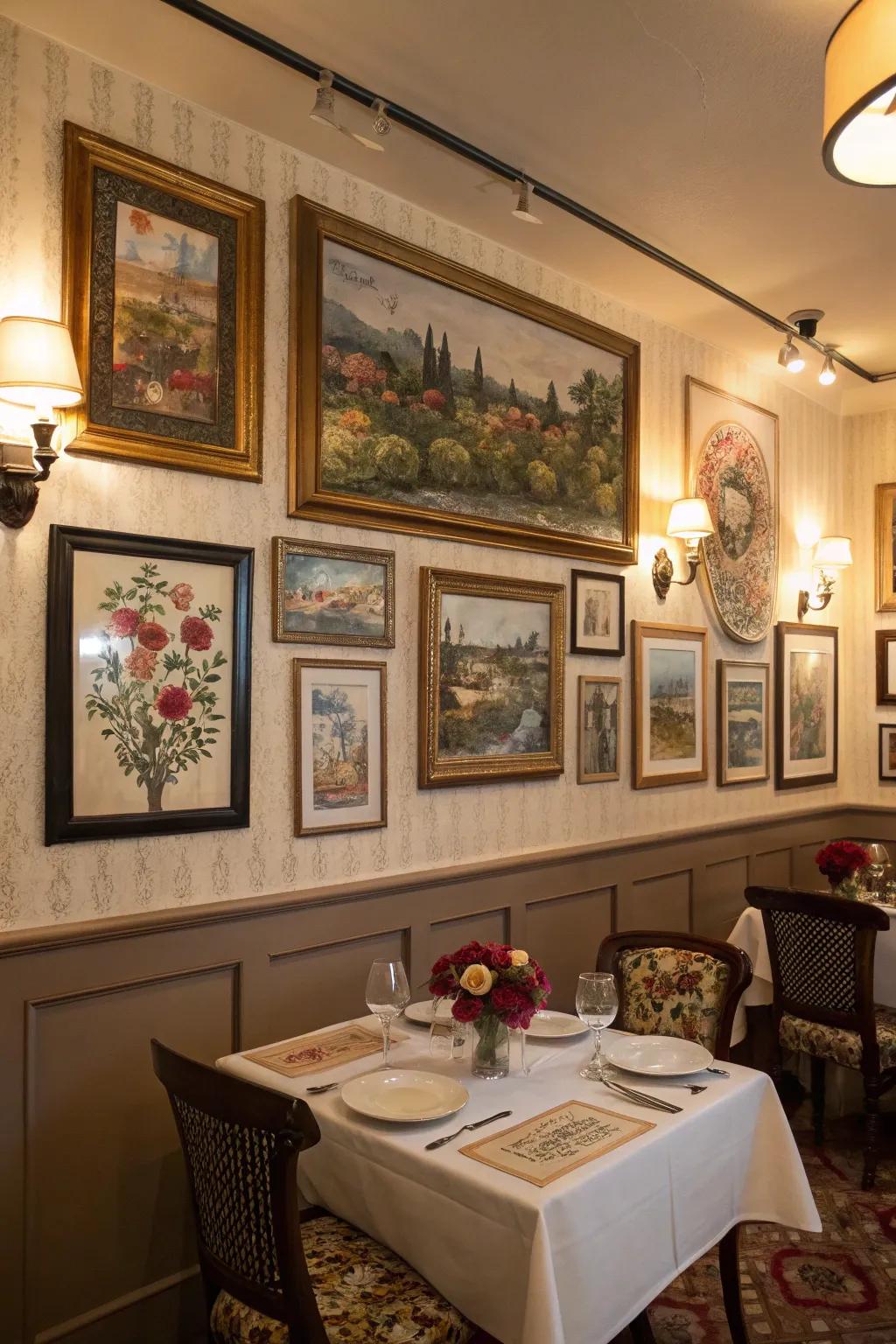Artful wall décor injects character and depth into your romantic dining space.