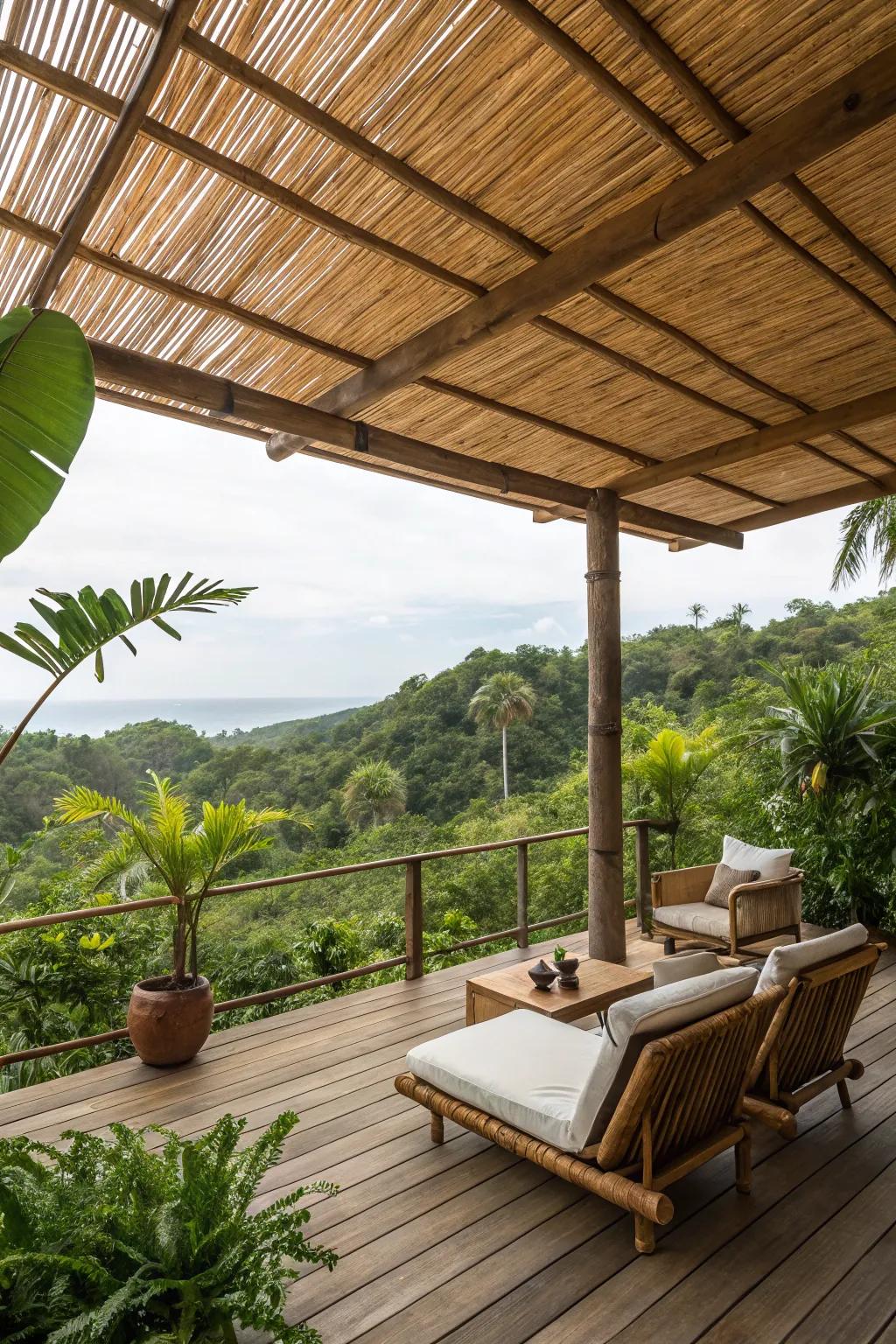 A cane overlay brings a hint of the tropics to your deck.