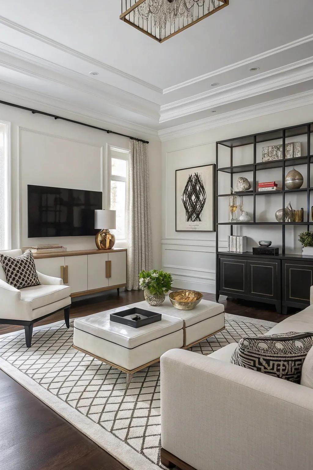 A minimalist living space featuring striking neutral tones and sleek style.