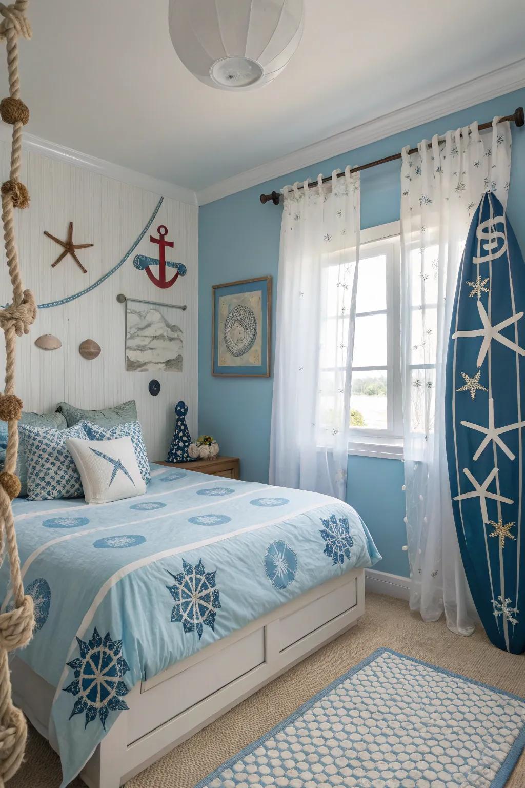 Themed decoration unites the room in a cohesive manner.