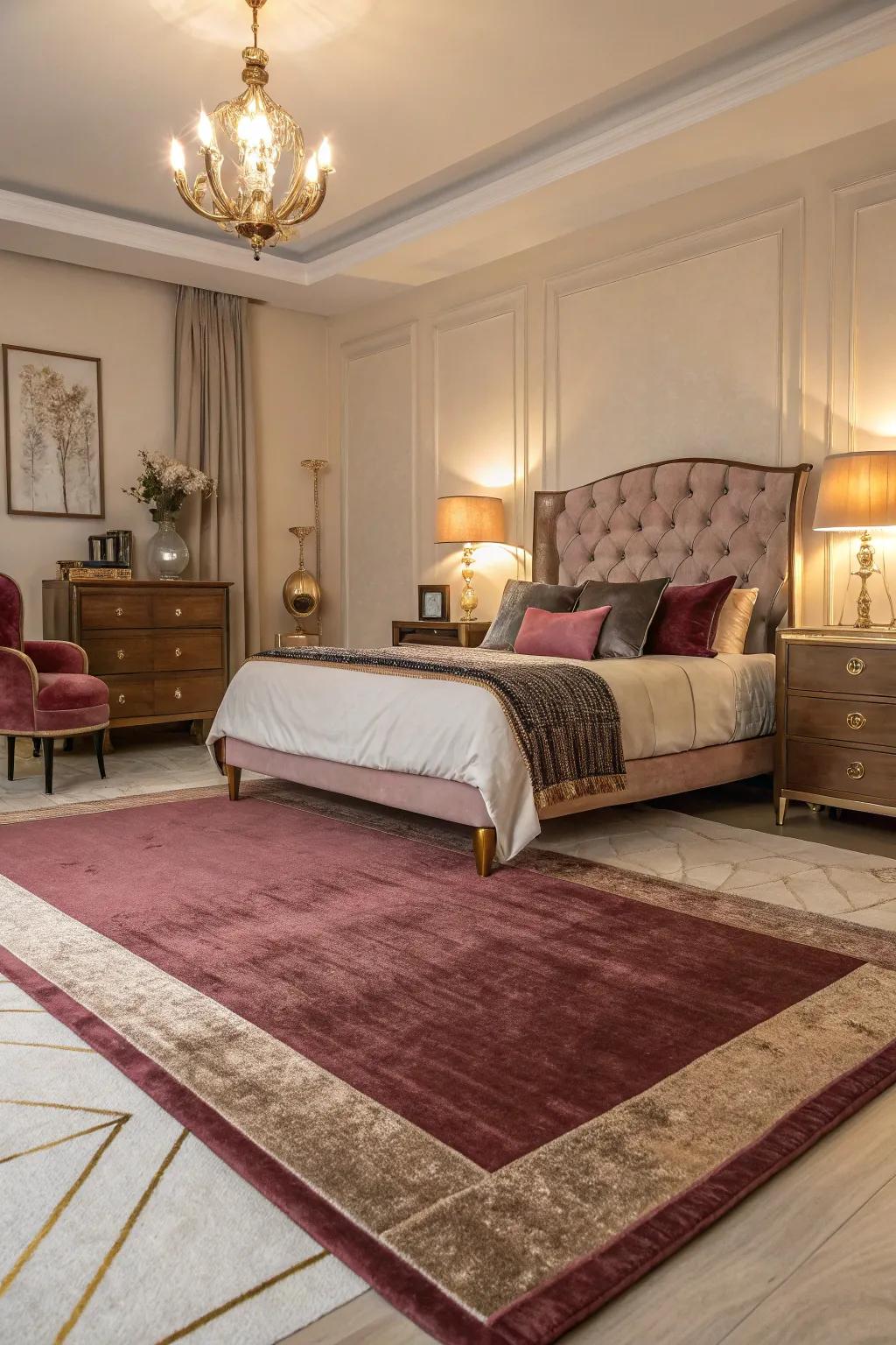 A burgundy and rose gold rug anchors the room and adds cozy texture.