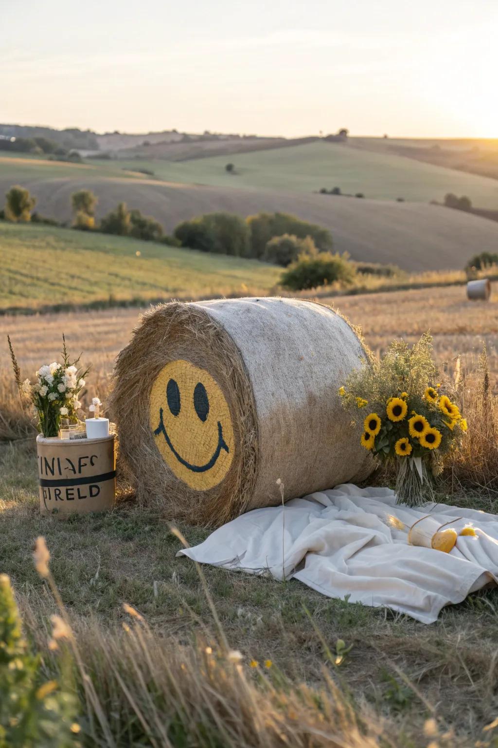 Bring smiles and laughter with hay bales painted as fun and expressive emoji faces.