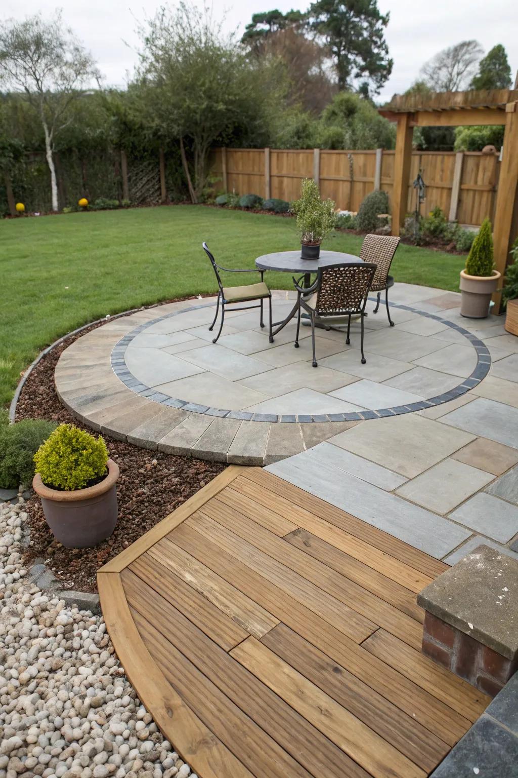 Mixed materials give this patio a distinctive and textured appearance.
