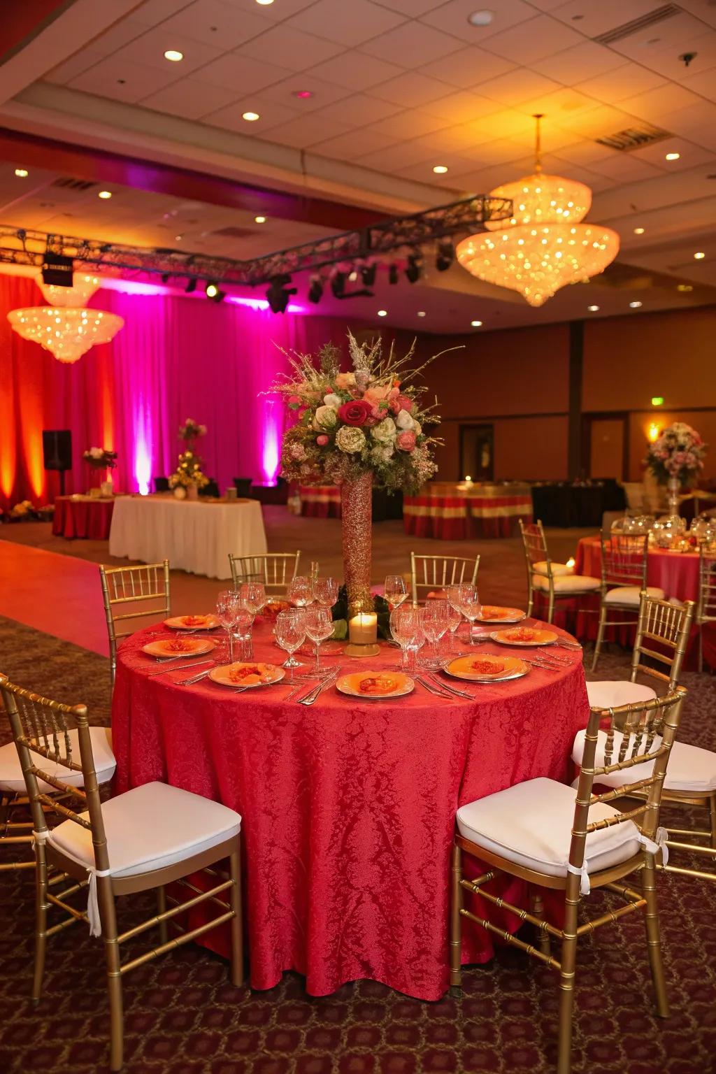 Bold table covering creating a vibrant statement at a wedding.