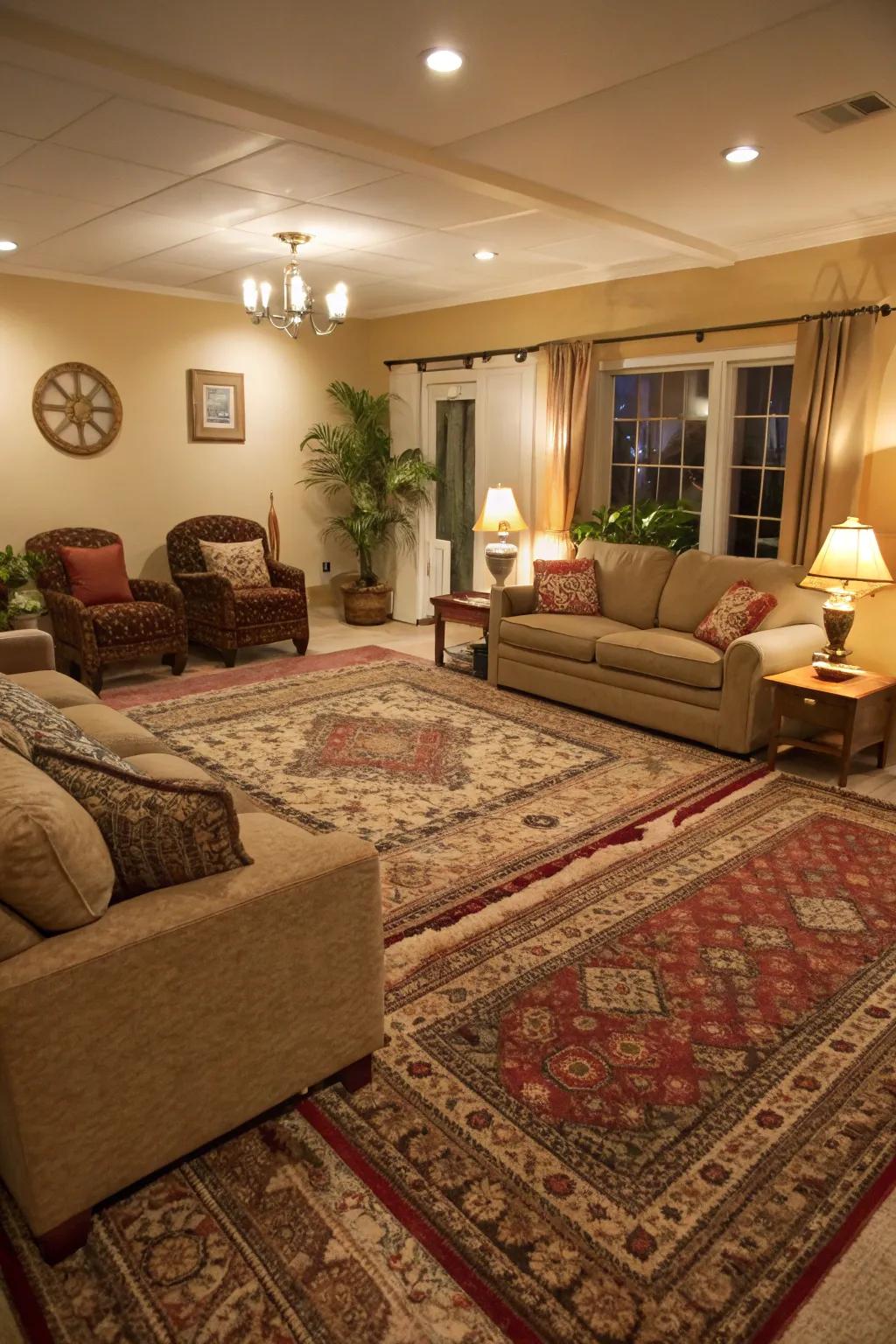 Layering rugs morphs any area into a comforting retreat.