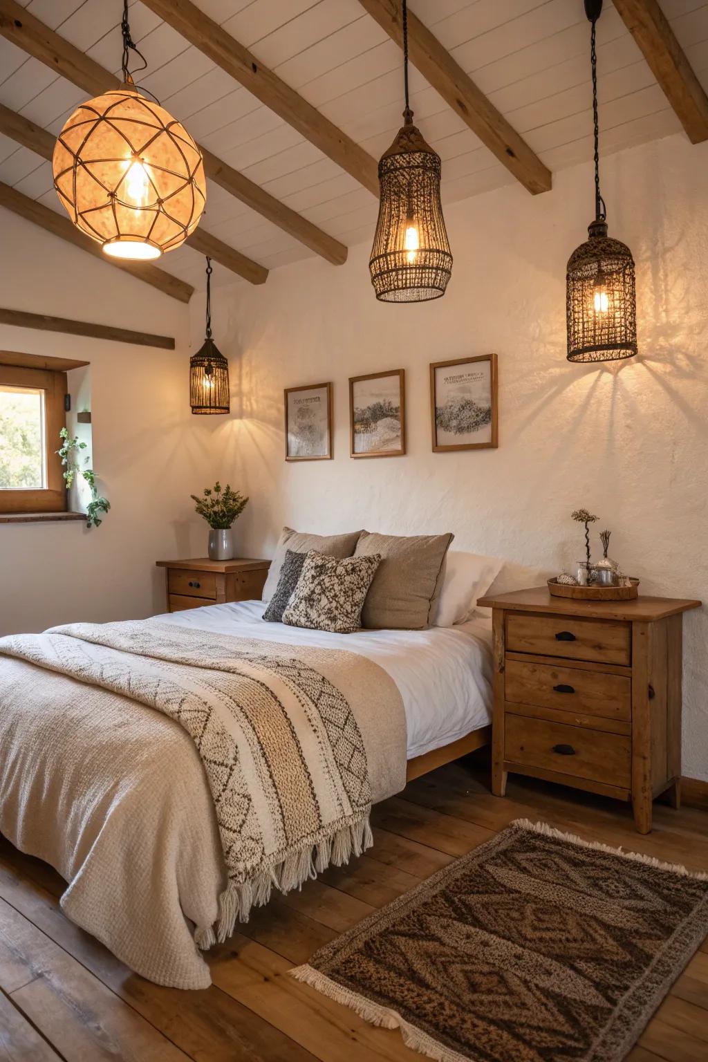 This bedroom is made warmer by the antique lighting.