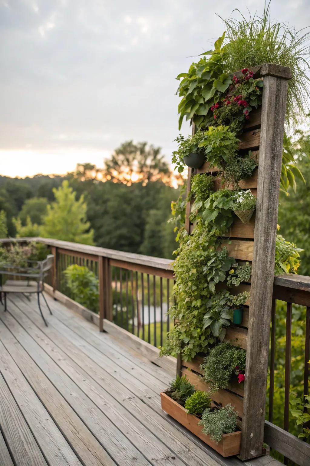 Vertical flora introduces greenery and seclusion to this countryside deck.
