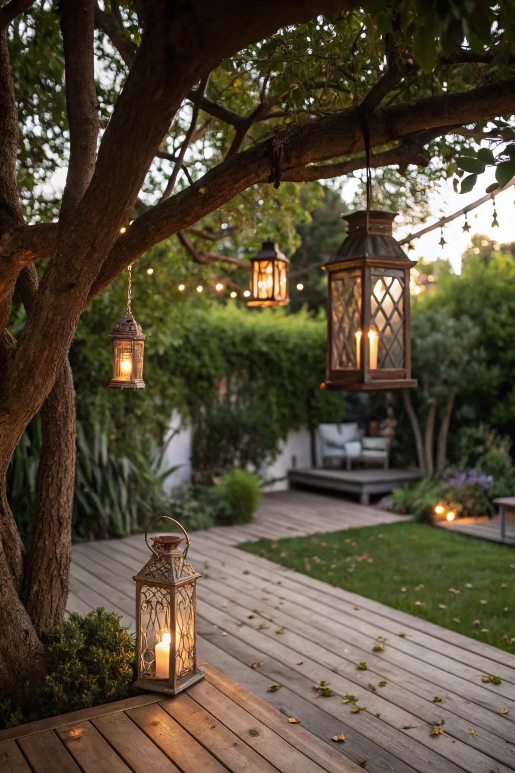 Outdoor lanterns set an enchanting atmosphere on this patio.