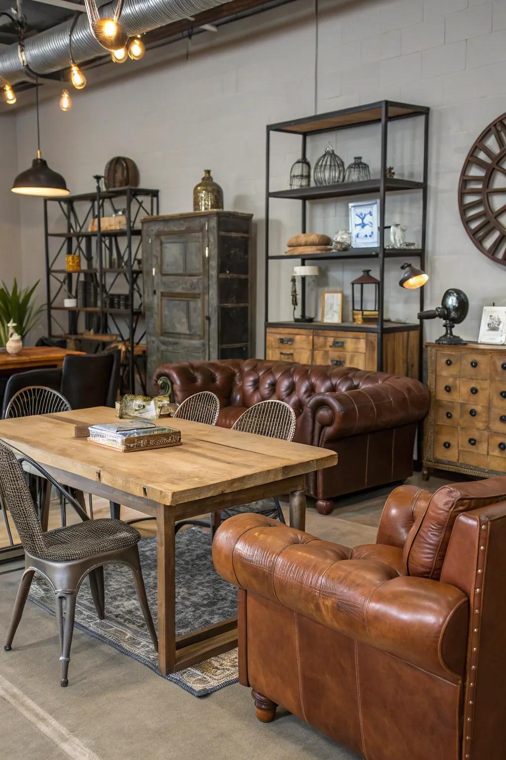 A mix of metal, timber, and animal hide creates a visually interesting aesthetic.