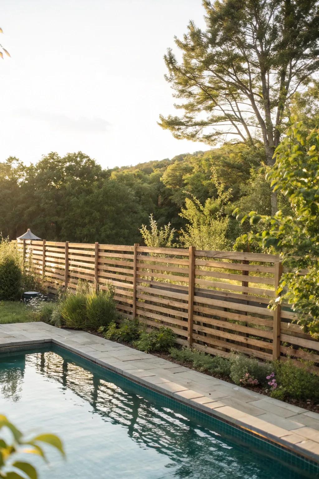 Horizontal wood slats creating a warm, private poolside retreat.