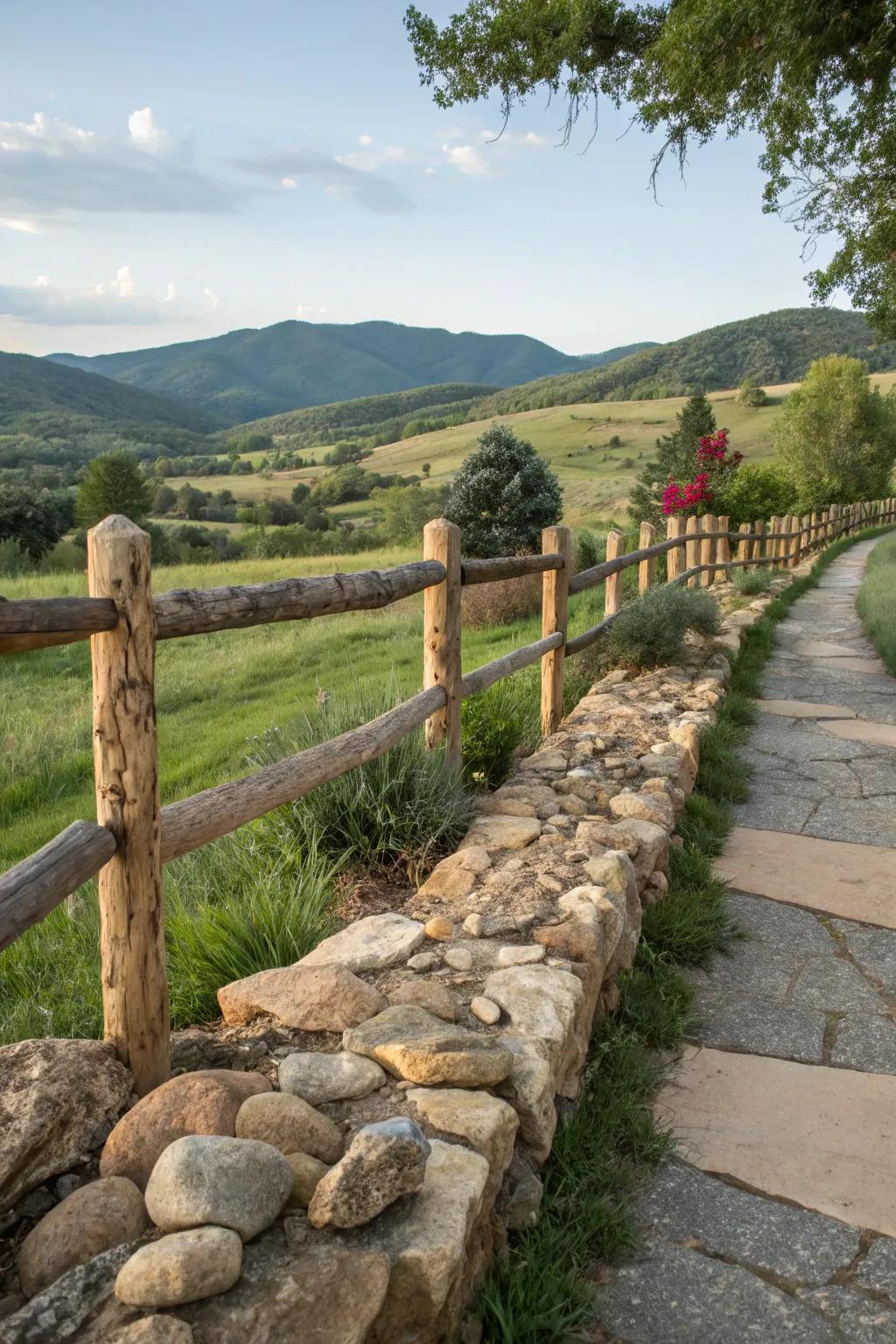 A split rail fence beautifully integrated with natural stone elements.