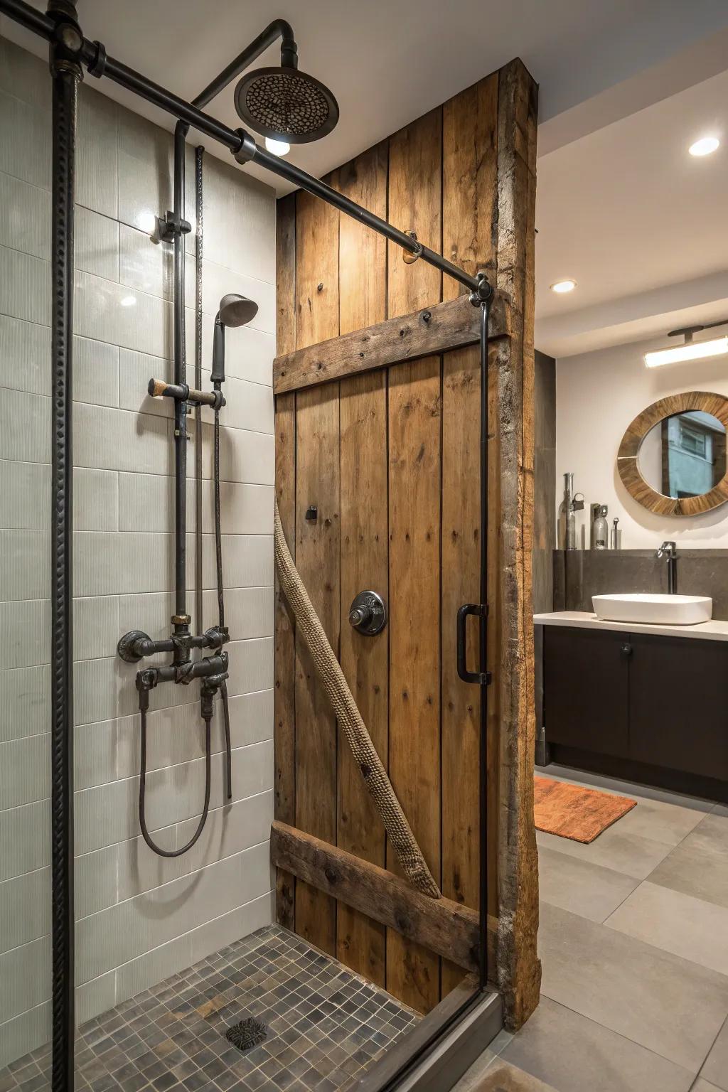 A rustic shower with industrial metal elements that add a warm and edgy touch.