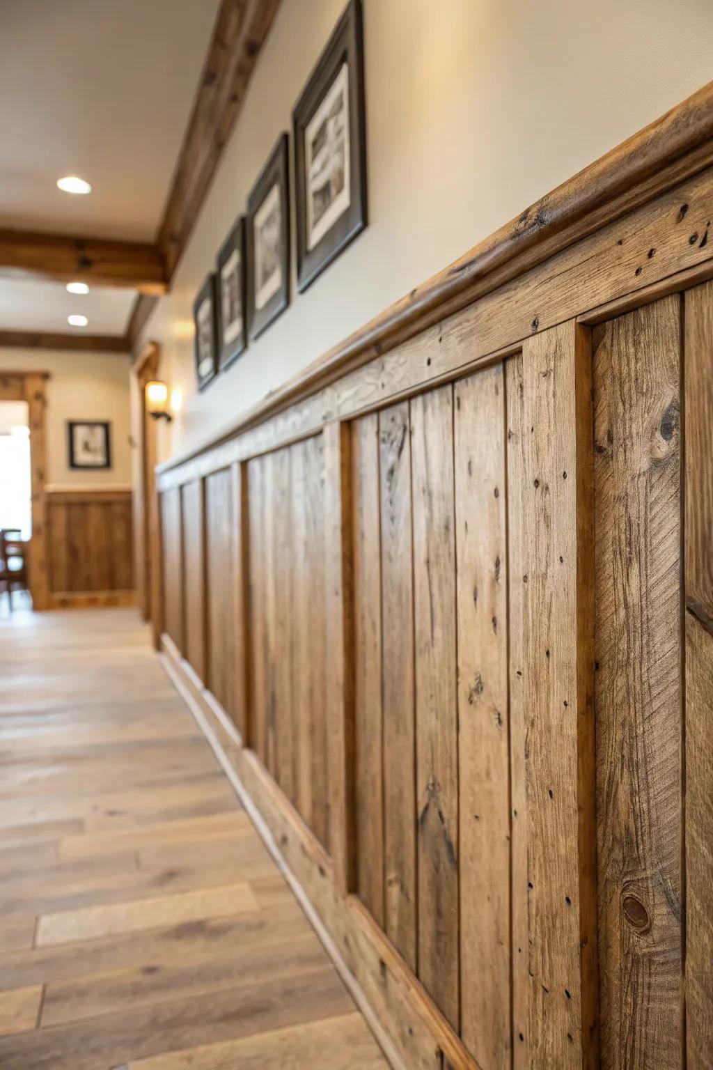 Reclaimed wood wainscoting adds historical depth and charm.