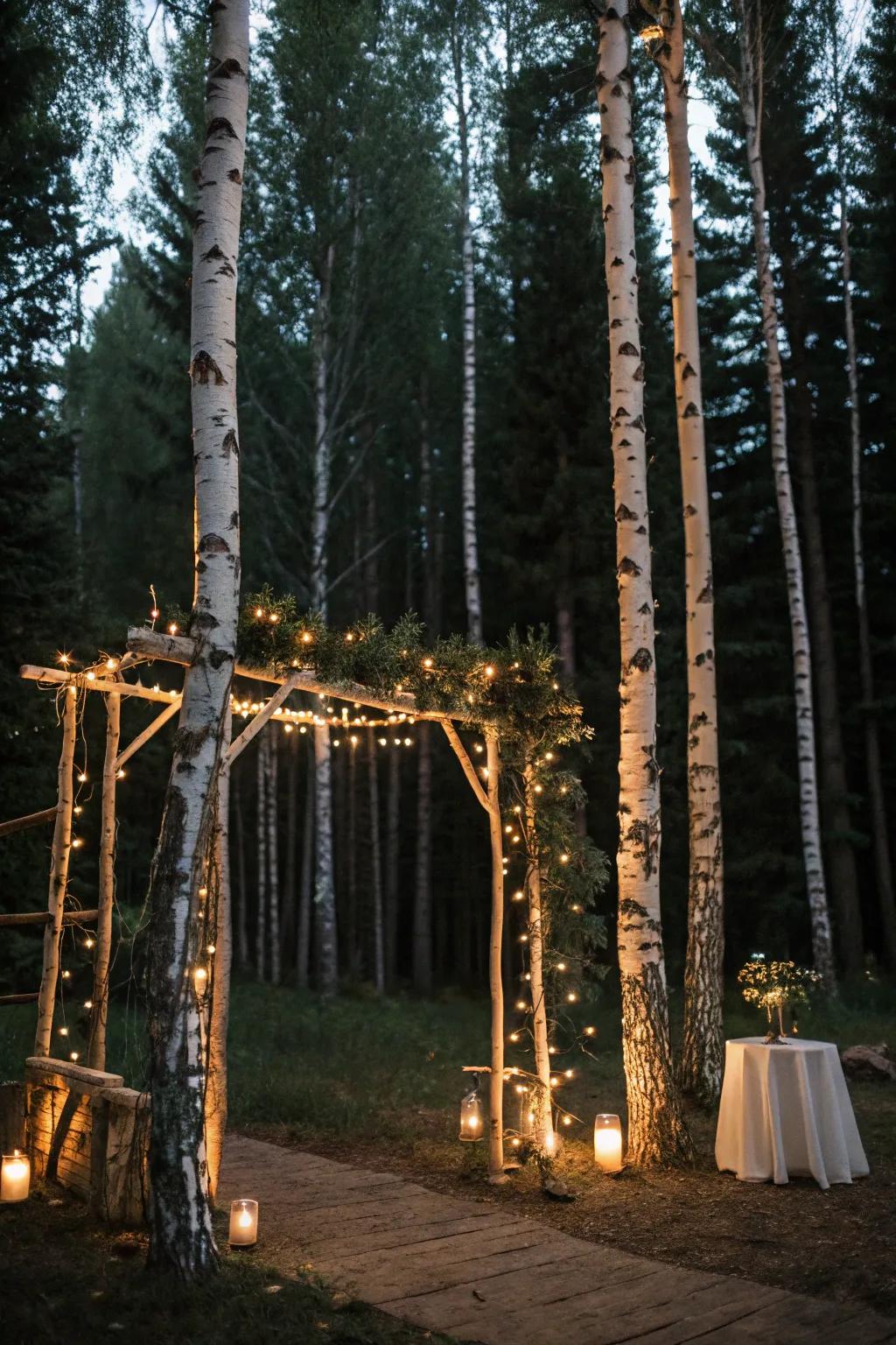 A birch arch sparkling with lights, the perfect magical touch for a woodland night ceremony.