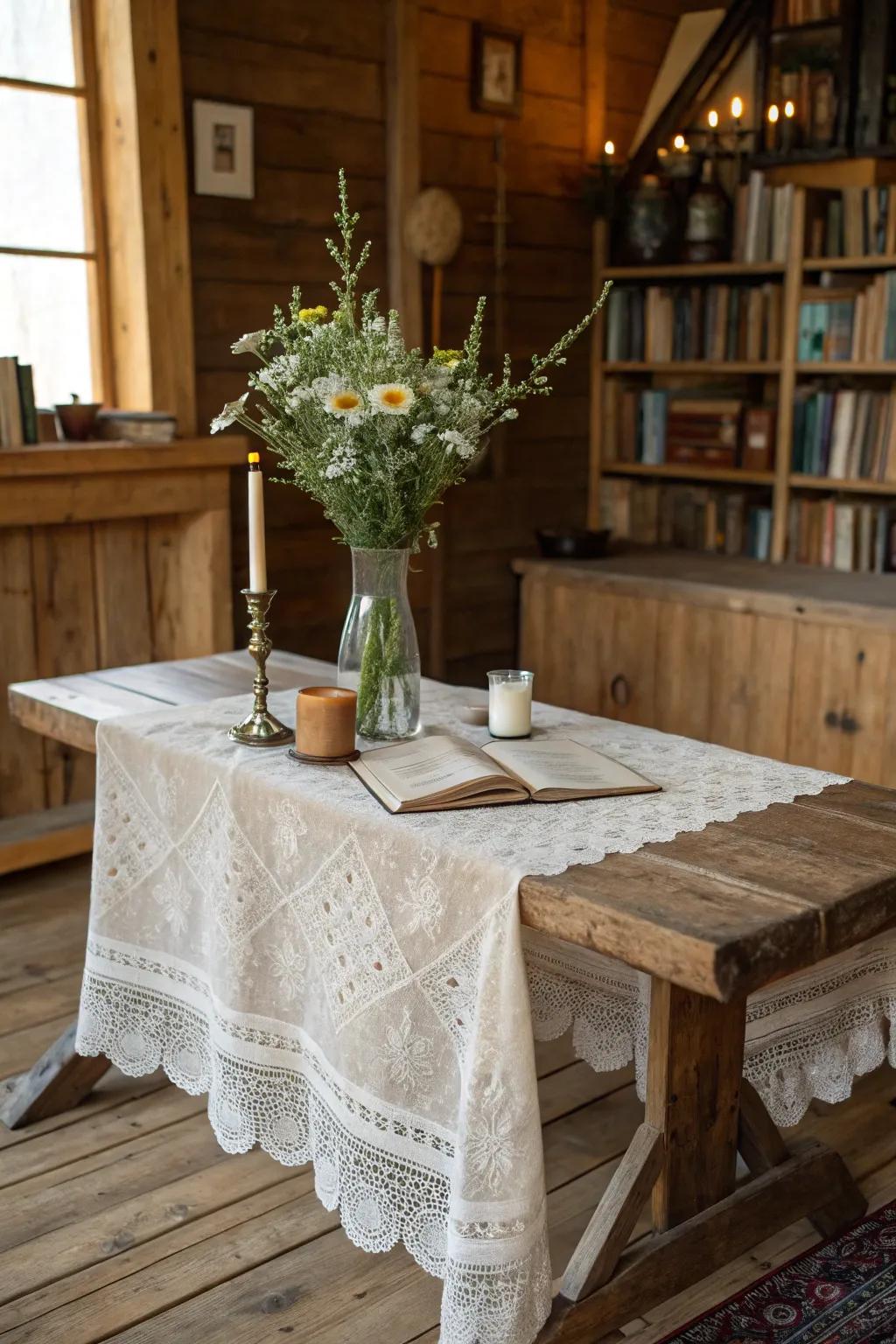 A delicate bobbinet tablecloth enhancing the countryside charm.