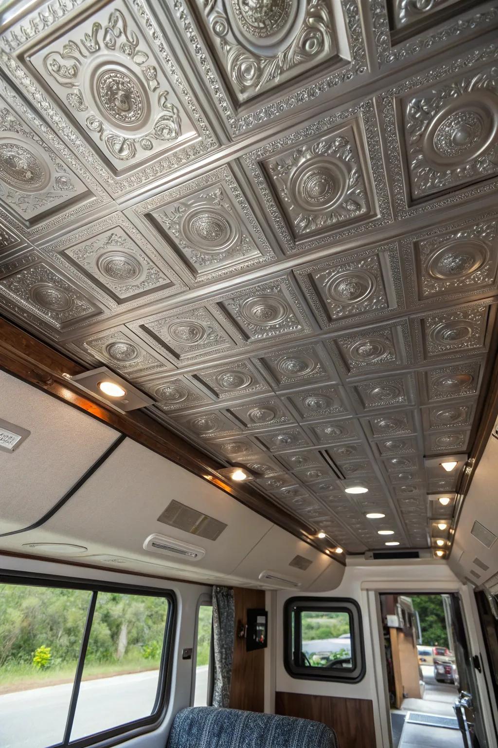 Faux tin tiles add a touch of vintage glamour to your RV ceiling.