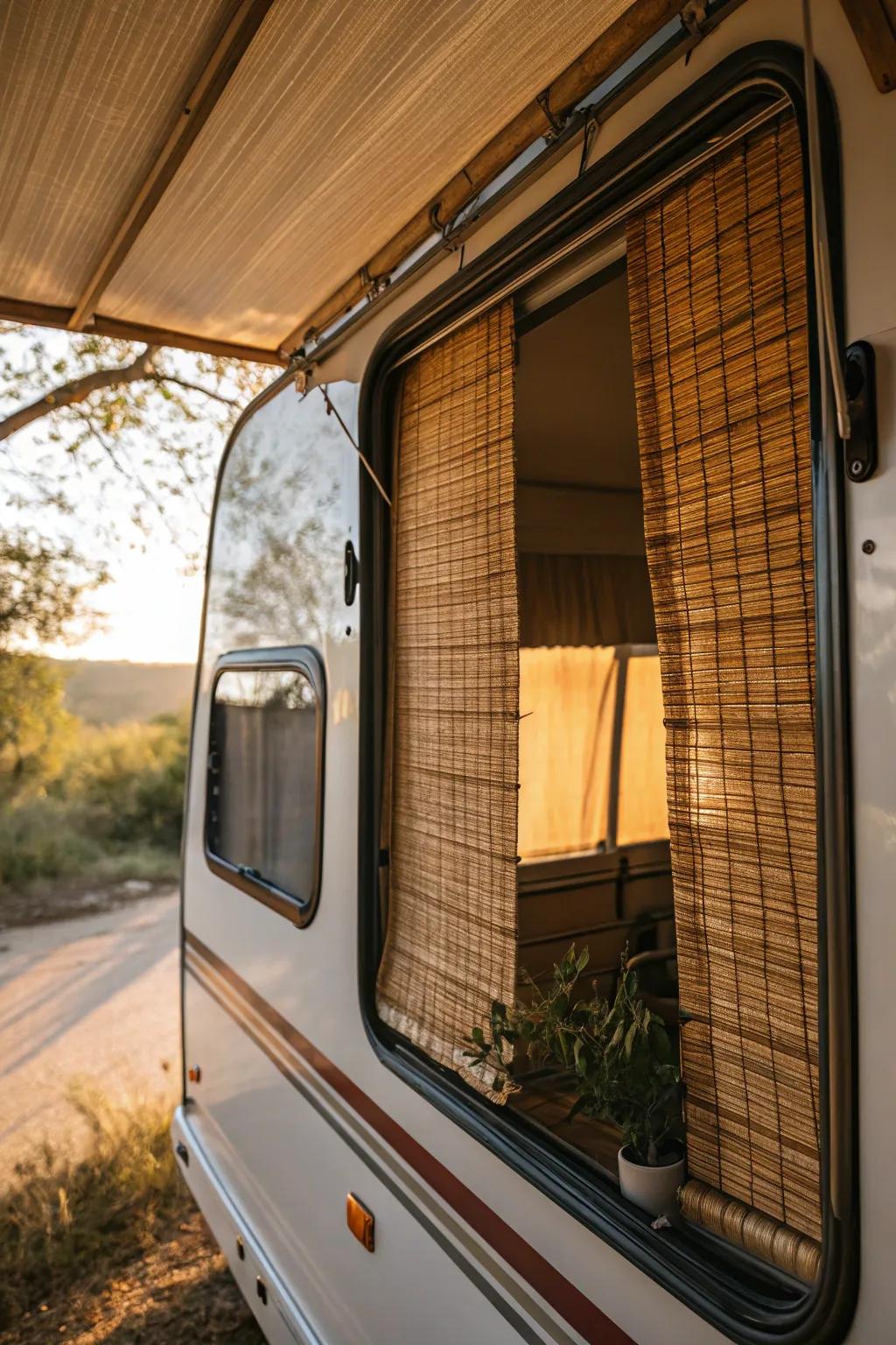 Eco-friendly elegance: reed screens in an RV.
