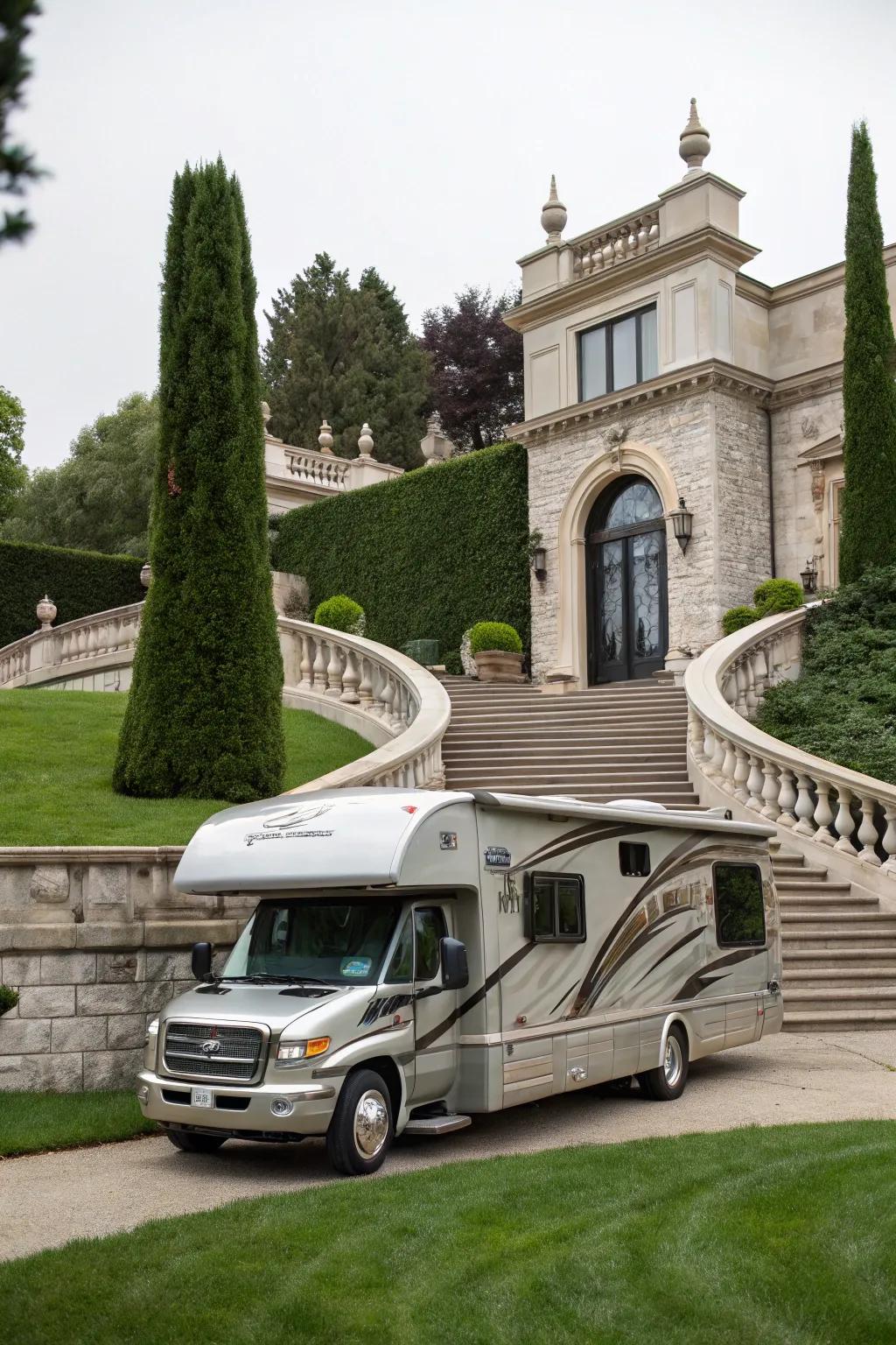 Stone veneer siding lends a luxurious, royal look to your RV.