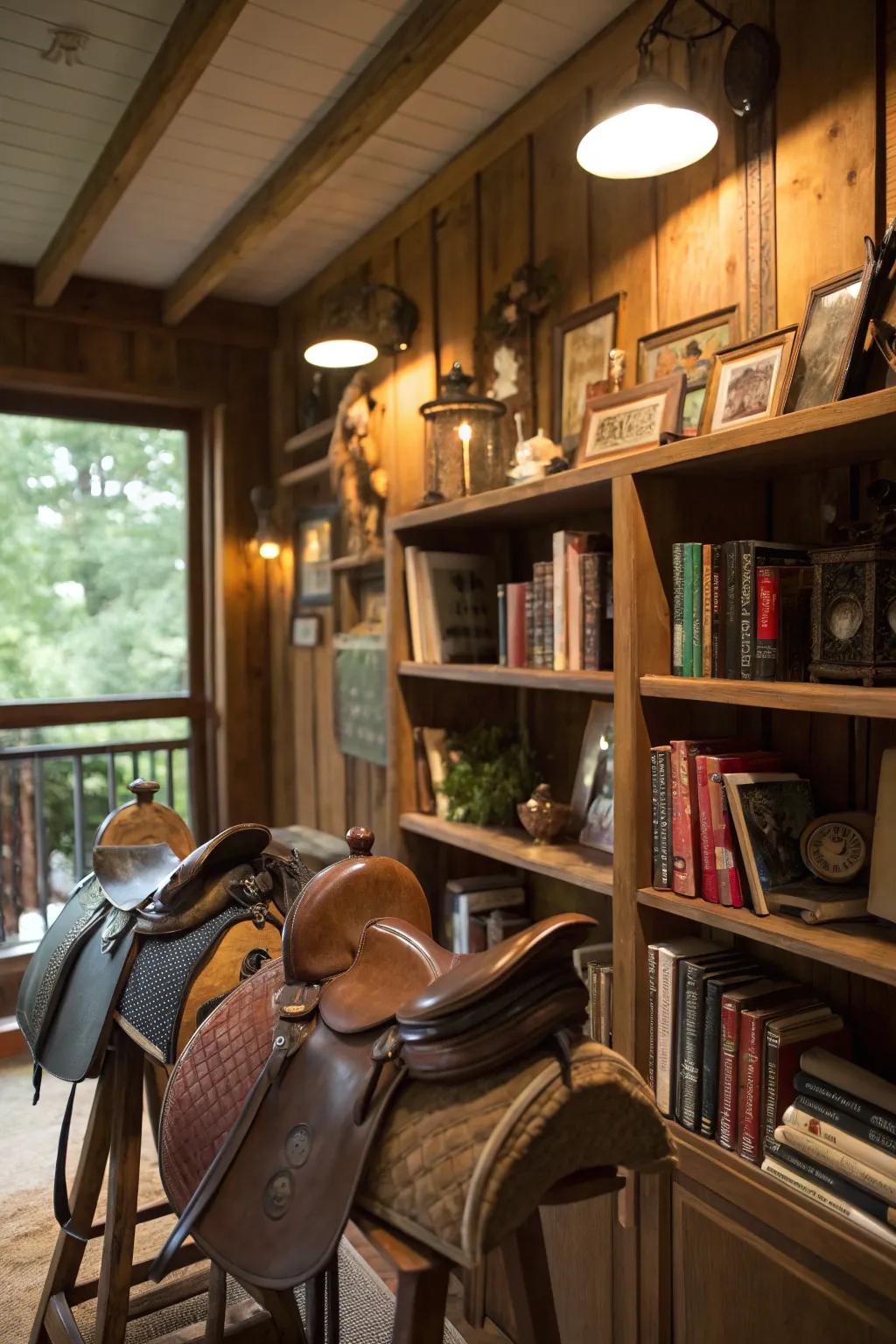 This study has been given a unique twist by repurposing riding seats as shelves.