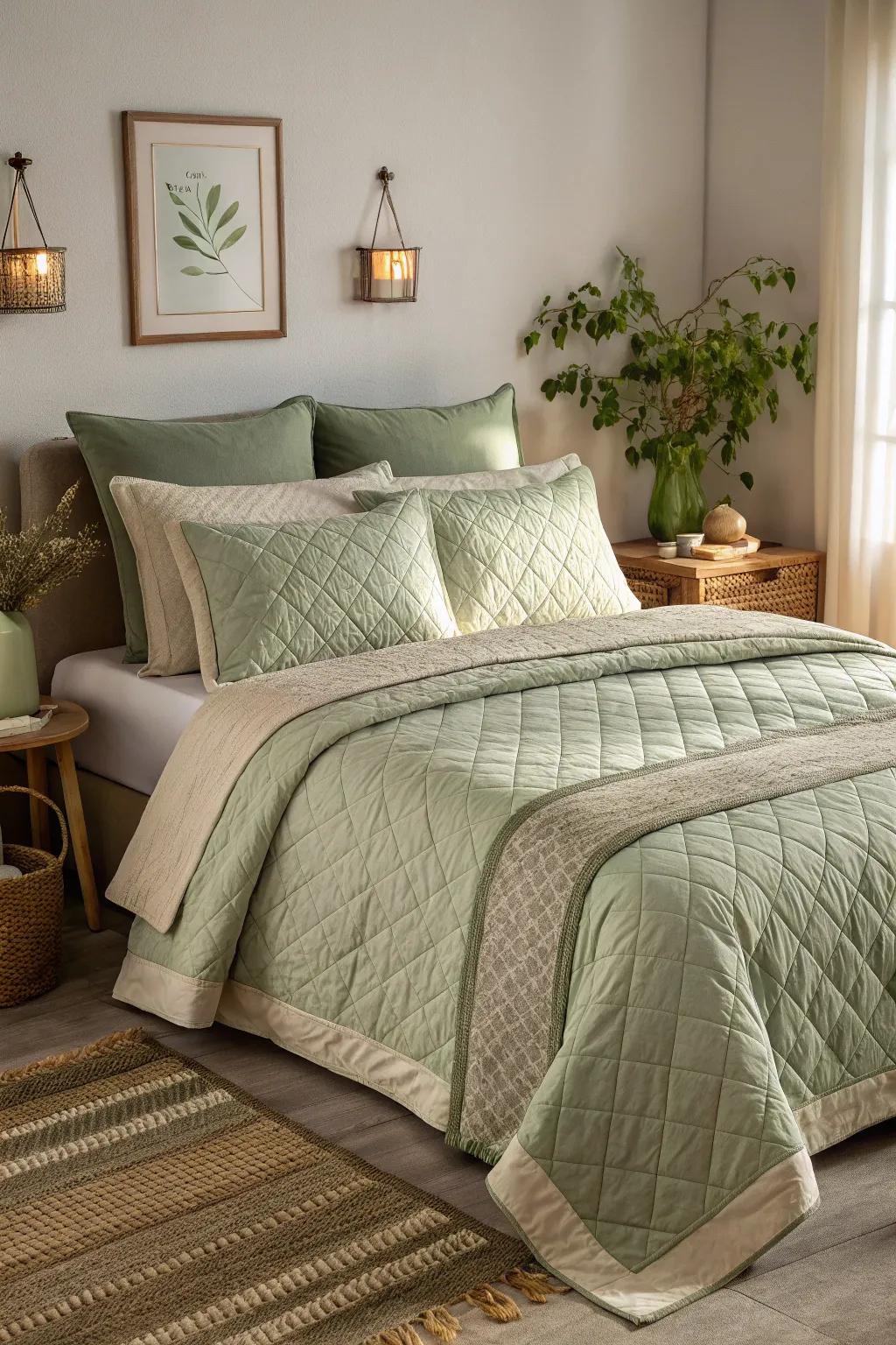 Cultivate a serene atmosphere with sage green and beige.