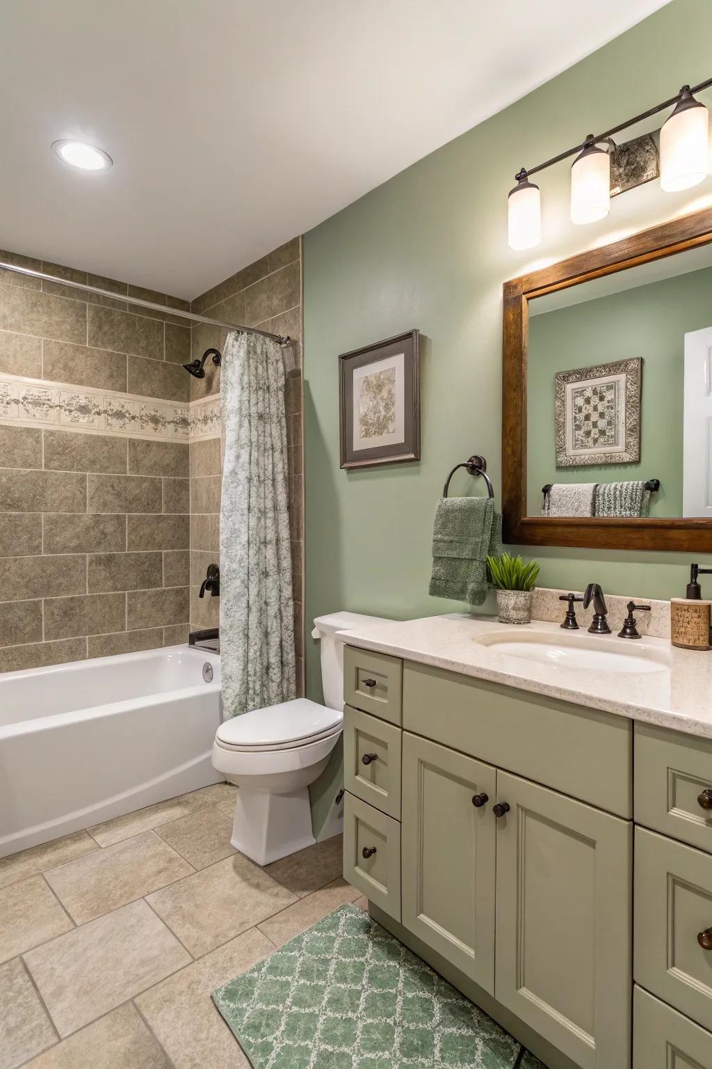 A bathroom with a sage green emphasized wall that provides density and character.