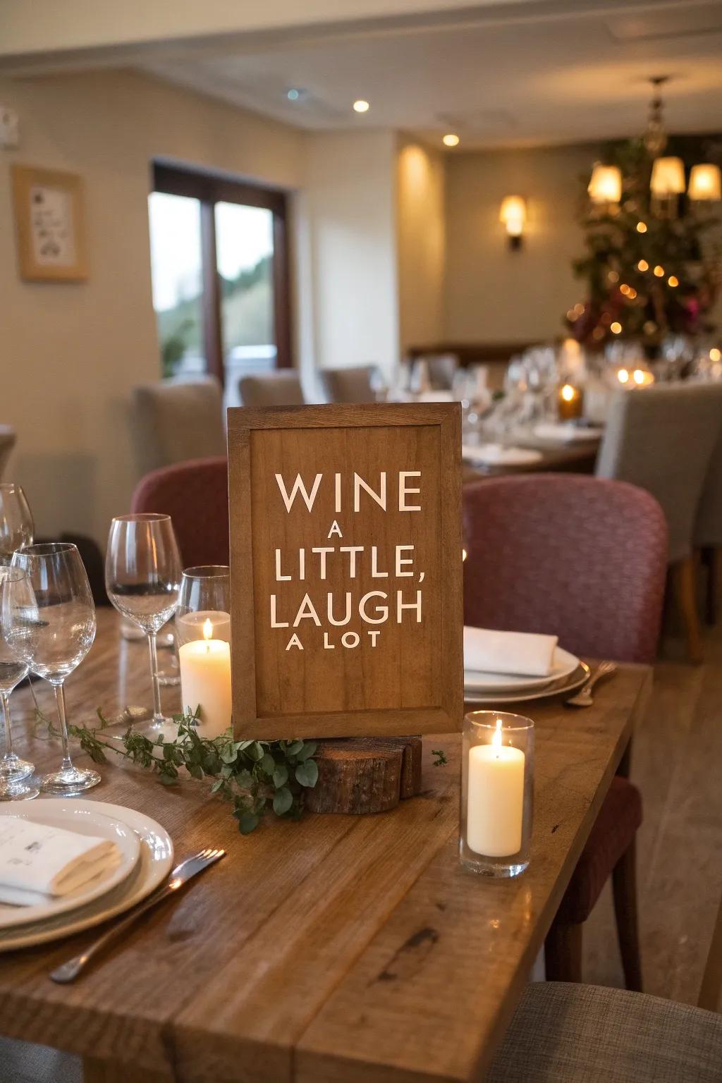 Set a playful tone with 'Wine a Little, Laugh a Lot.'